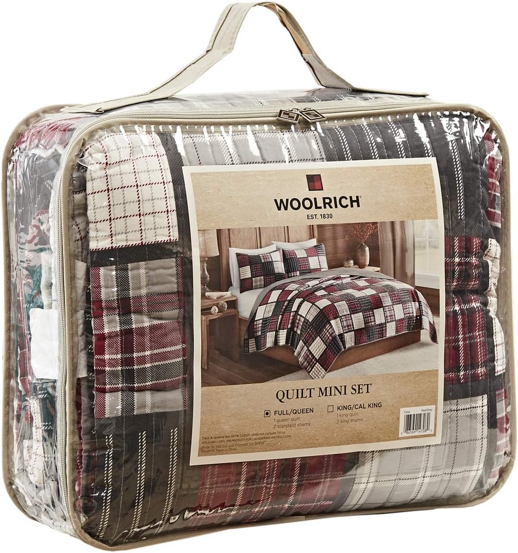 Woolrich Reversible Quilt Set - 3 Piece Tulsa Plaid RedGrey