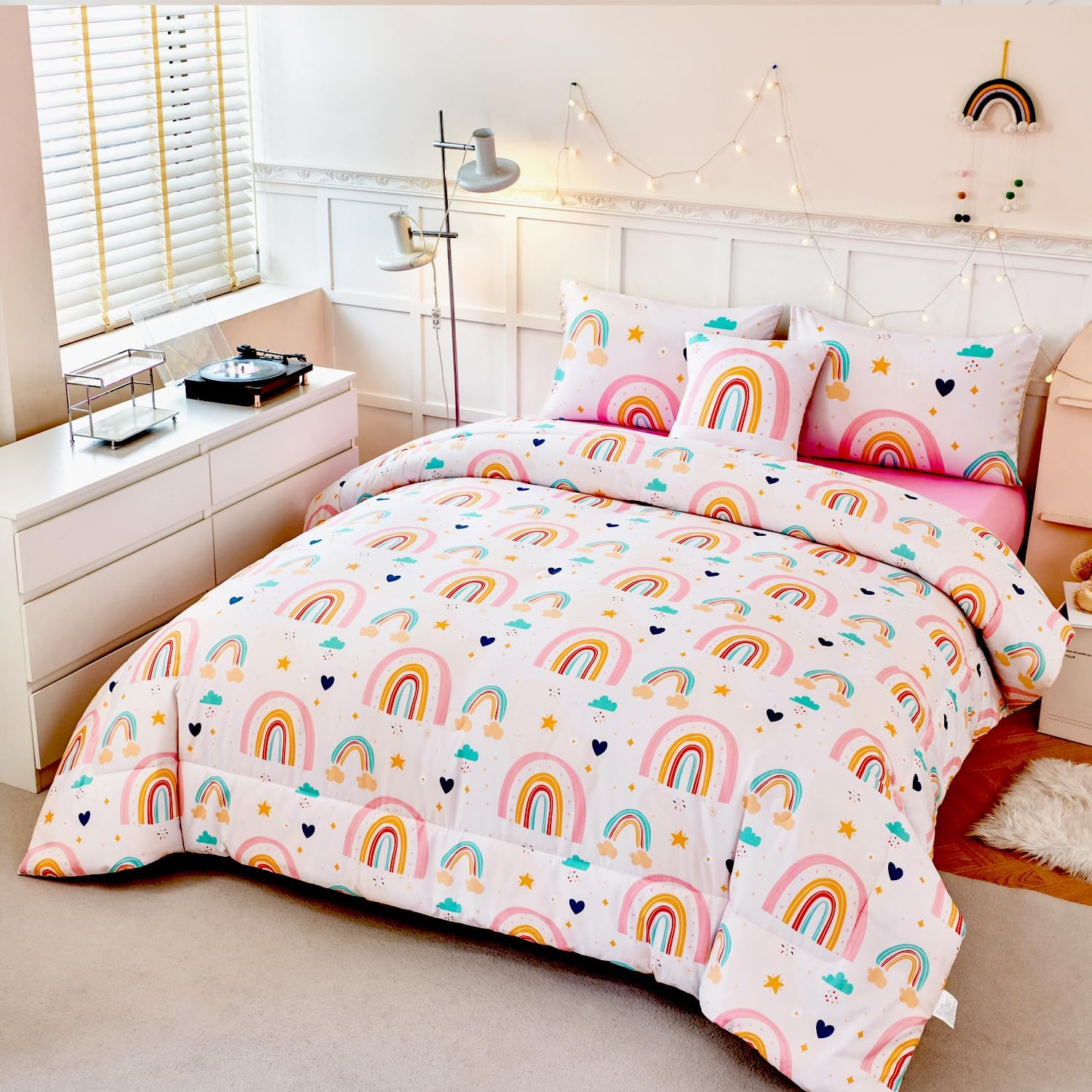 ANGIYUIN 6 Piece Rainbow Comforter Set for Girls