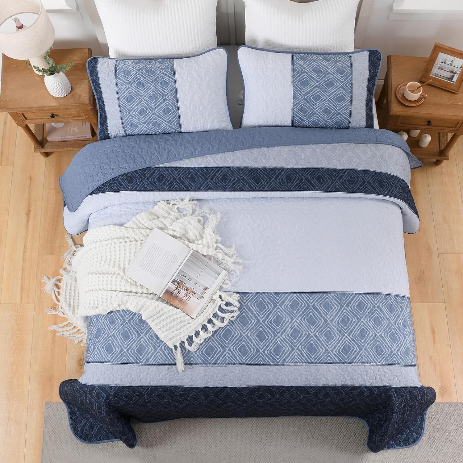 Cottolester King Size Quilt Set 3 Pieces Striped Plaid 1