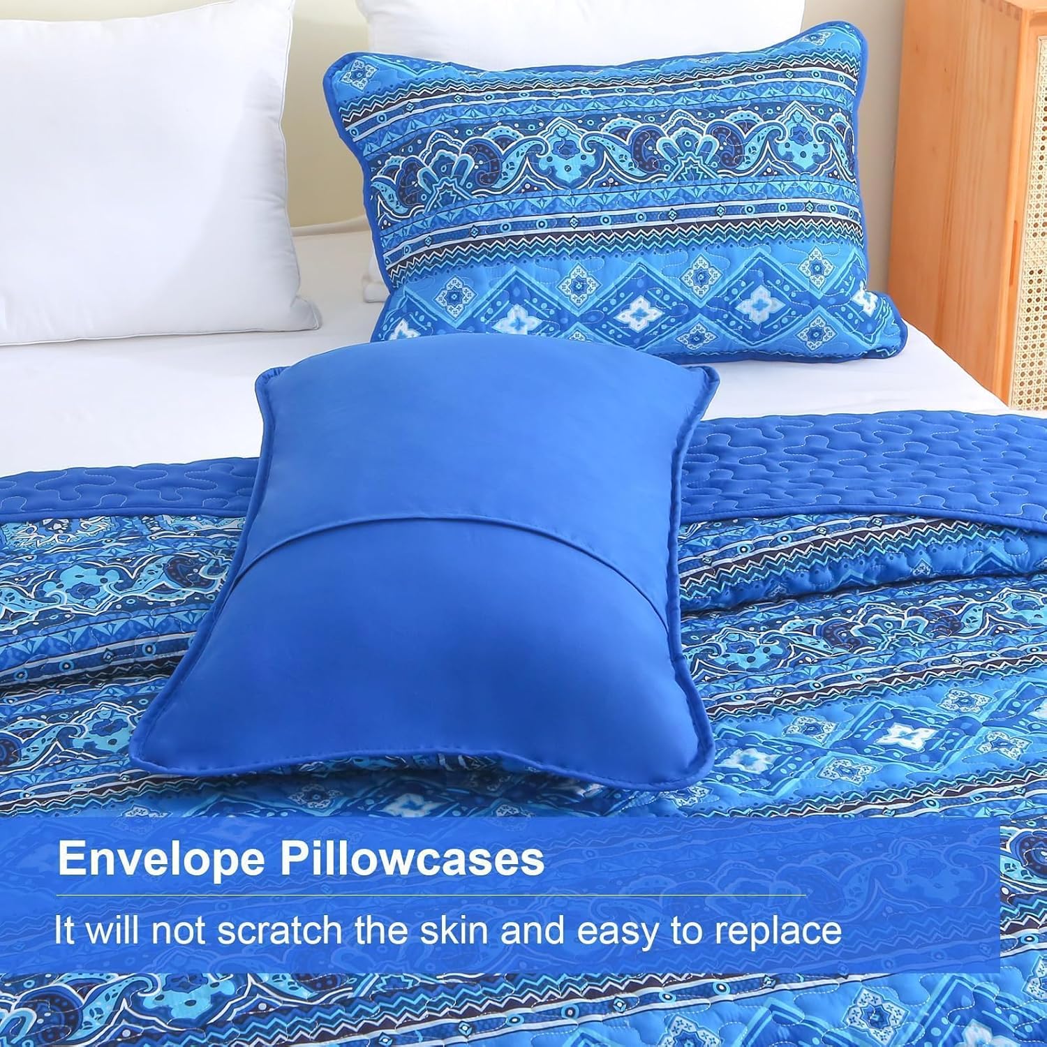 Heymybed Boho Quilt Set Queen Size 3Pc Reversible Blue