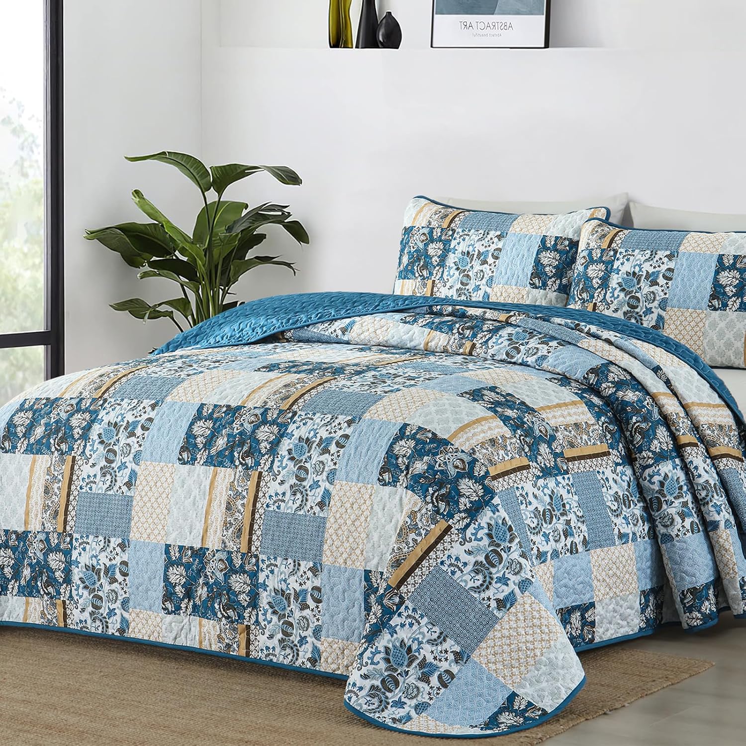 WONGS BEDDING Blue Plaid Patchwork Quilt Set Queen 3 Pieces