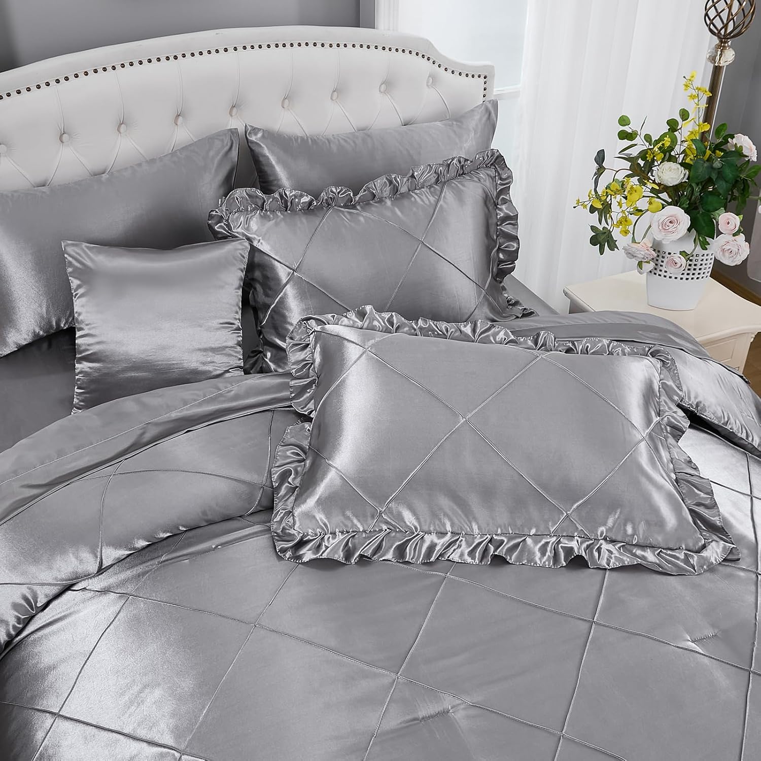 Grey Queen Comforter Set with 8 Pcs Satin Bedding