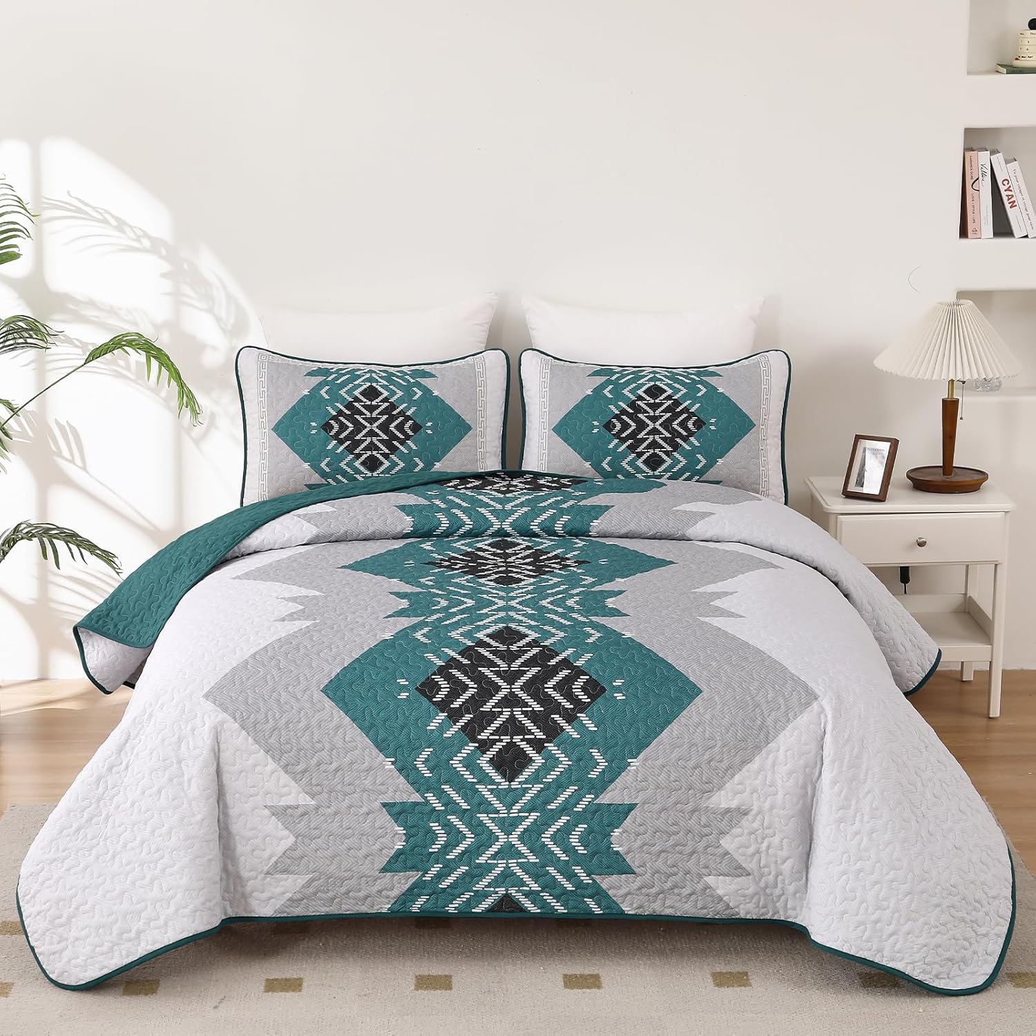 Dintszyayue Teal Boho Quilt Set 3 Pieces King Size