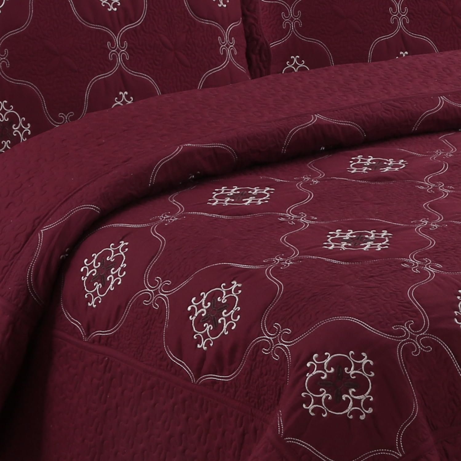 MarCielo 3-Piece Embroidery Quilt Set - Burgundy California King