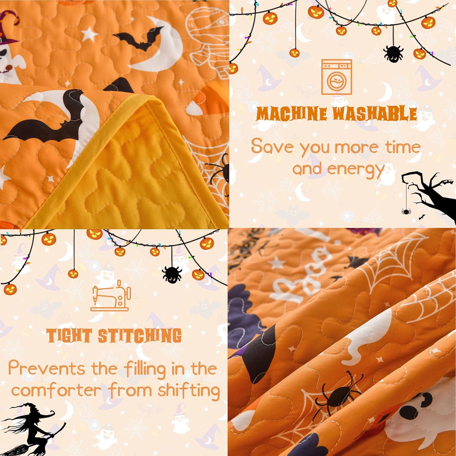 Luxudecor Halloween Queen Quilt Set with Pumpkin and Ghost Design