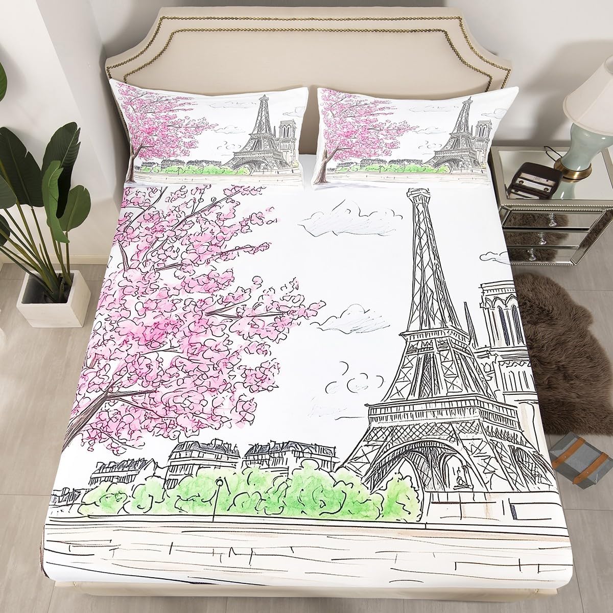 Jejeloiu Paris Themed Sheet Set with Pillowcase for Kids