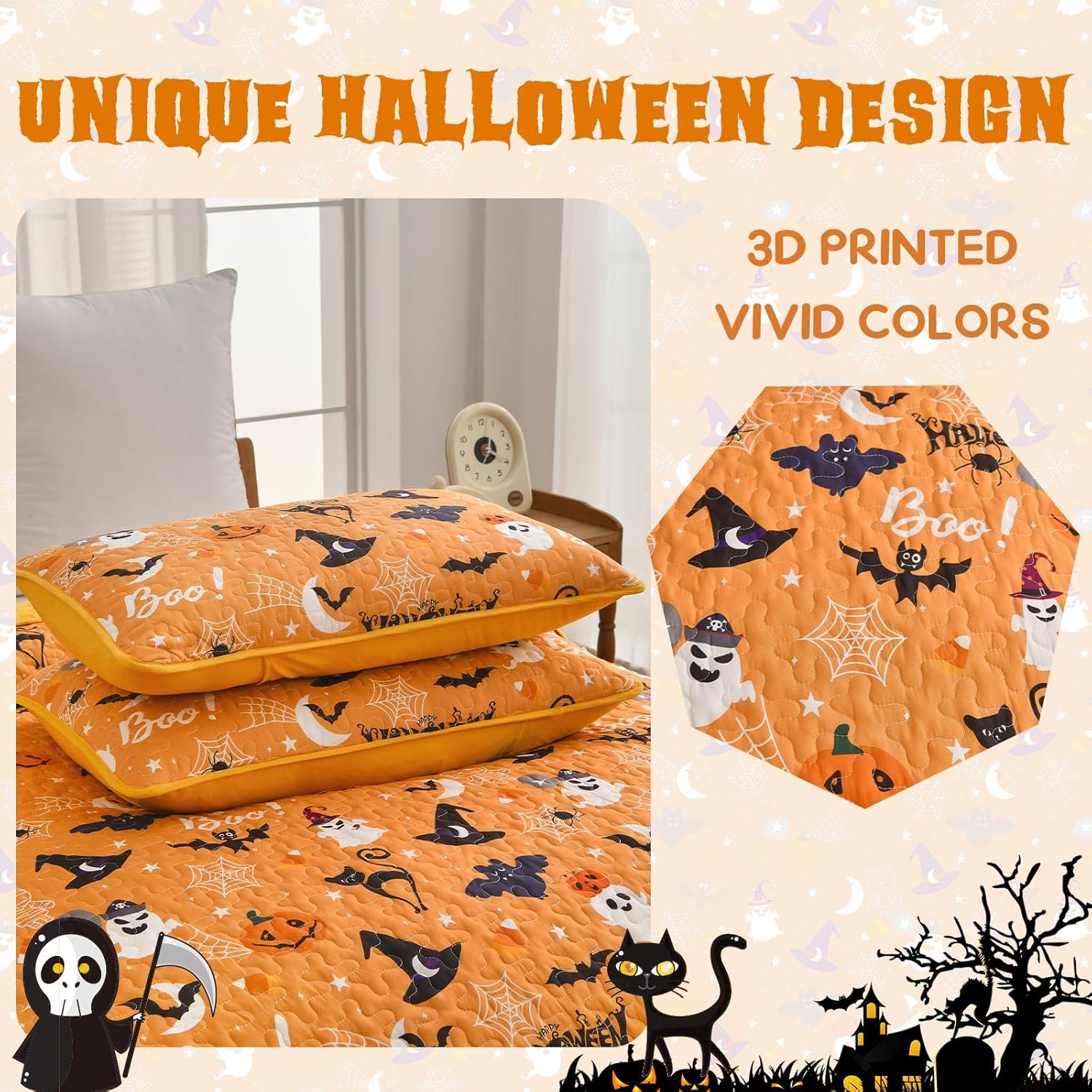 Luxudecor Halloween Queen Quilt Set with Pumpkin and Ghost Design