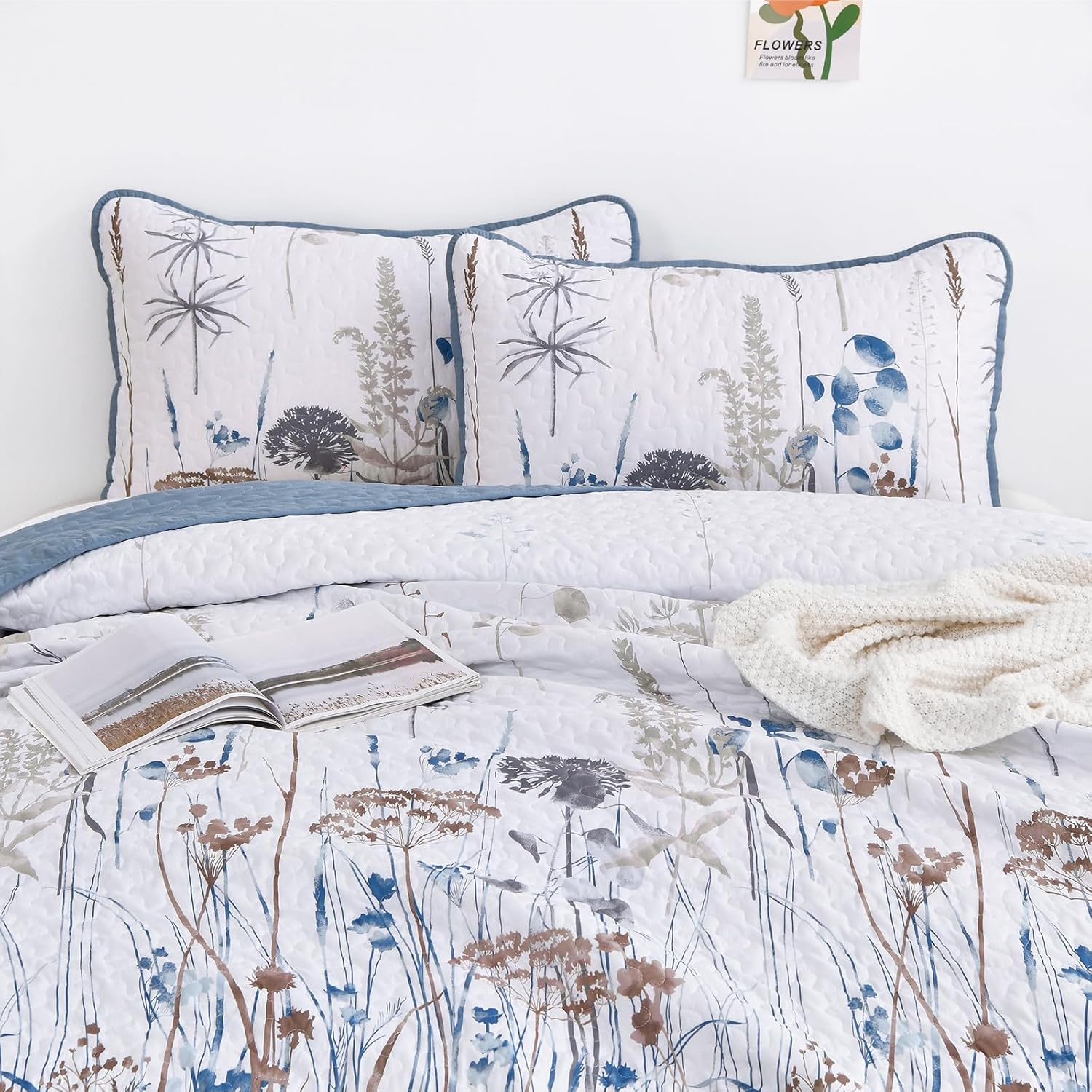 Dobuyly Blue Floral King Quilt Set 3pcs