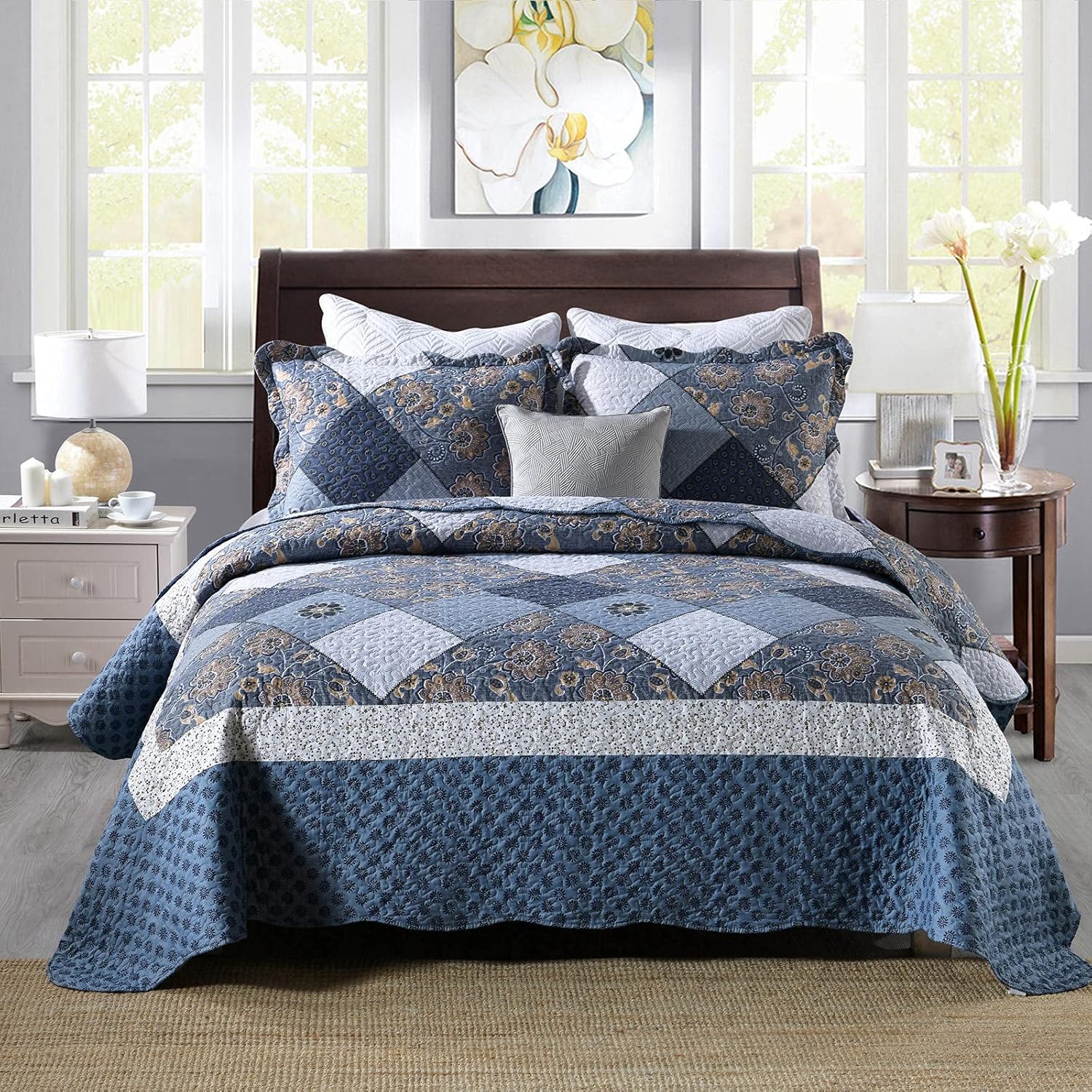 ENJOHOS Navy Blue Plaid Floral Quilt Set King Size 98x106