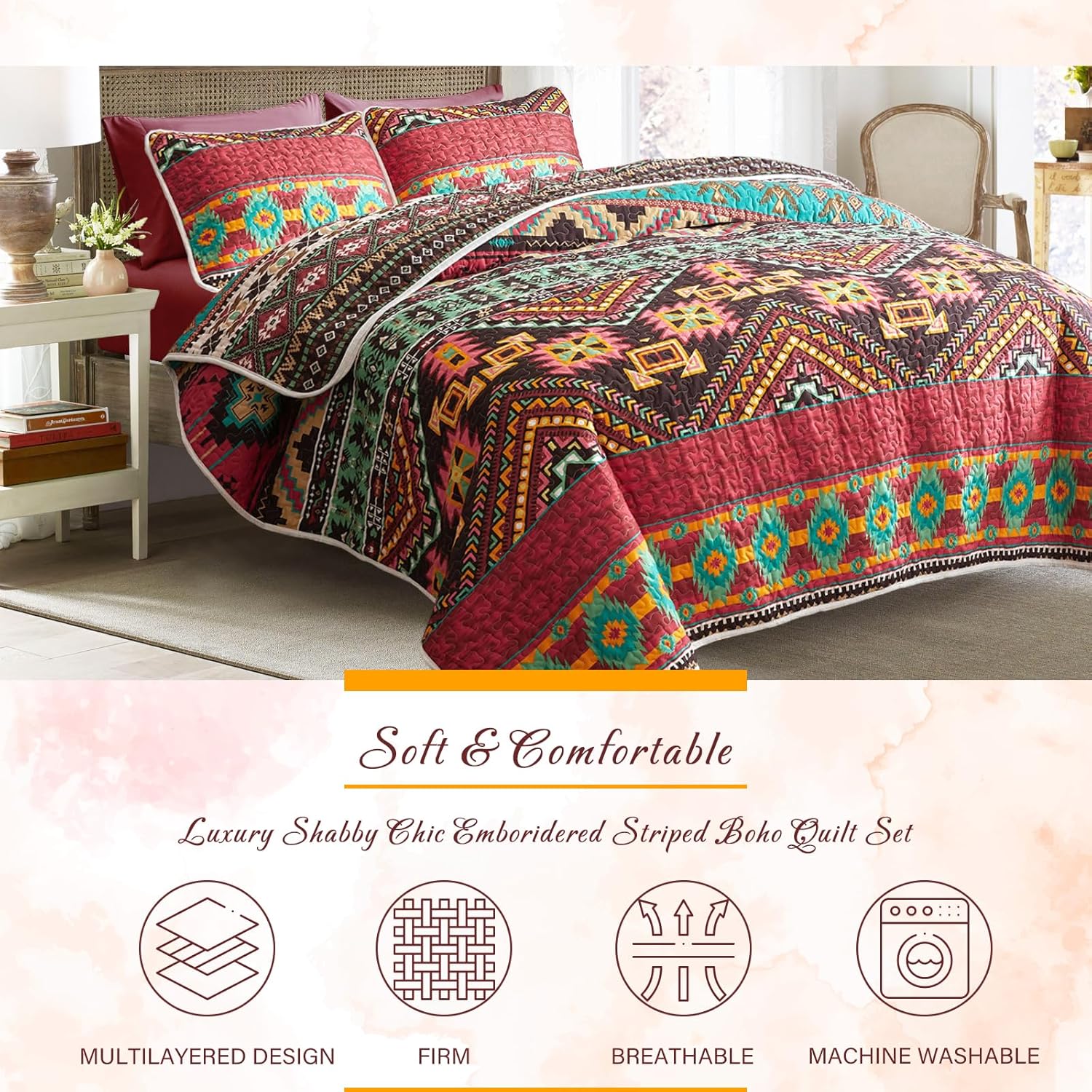 3 Piece Bohemian Quilt Set California King Size 1