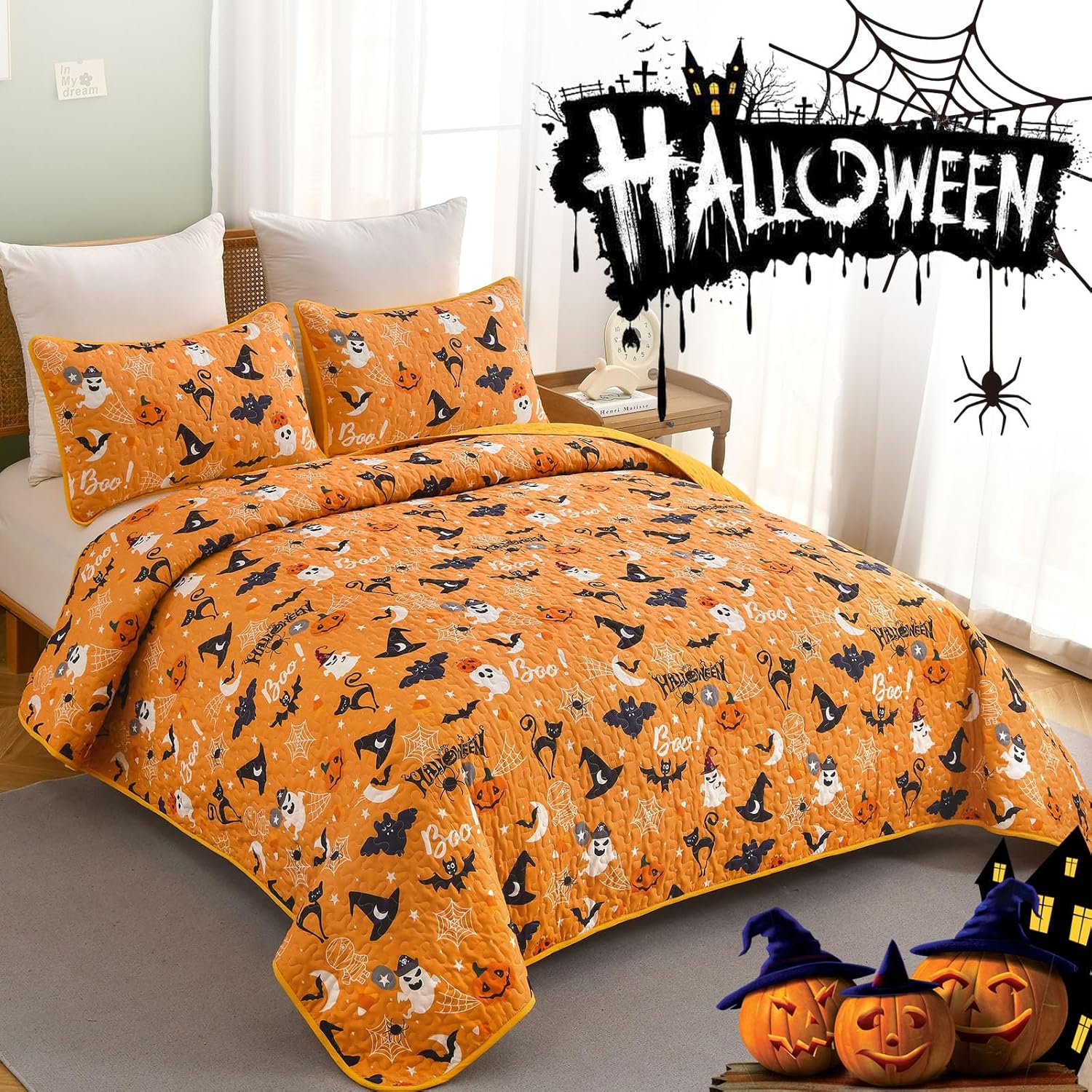 Luxudecor Halloween Queen Quilt Set with Pumpkin and Ghost Design