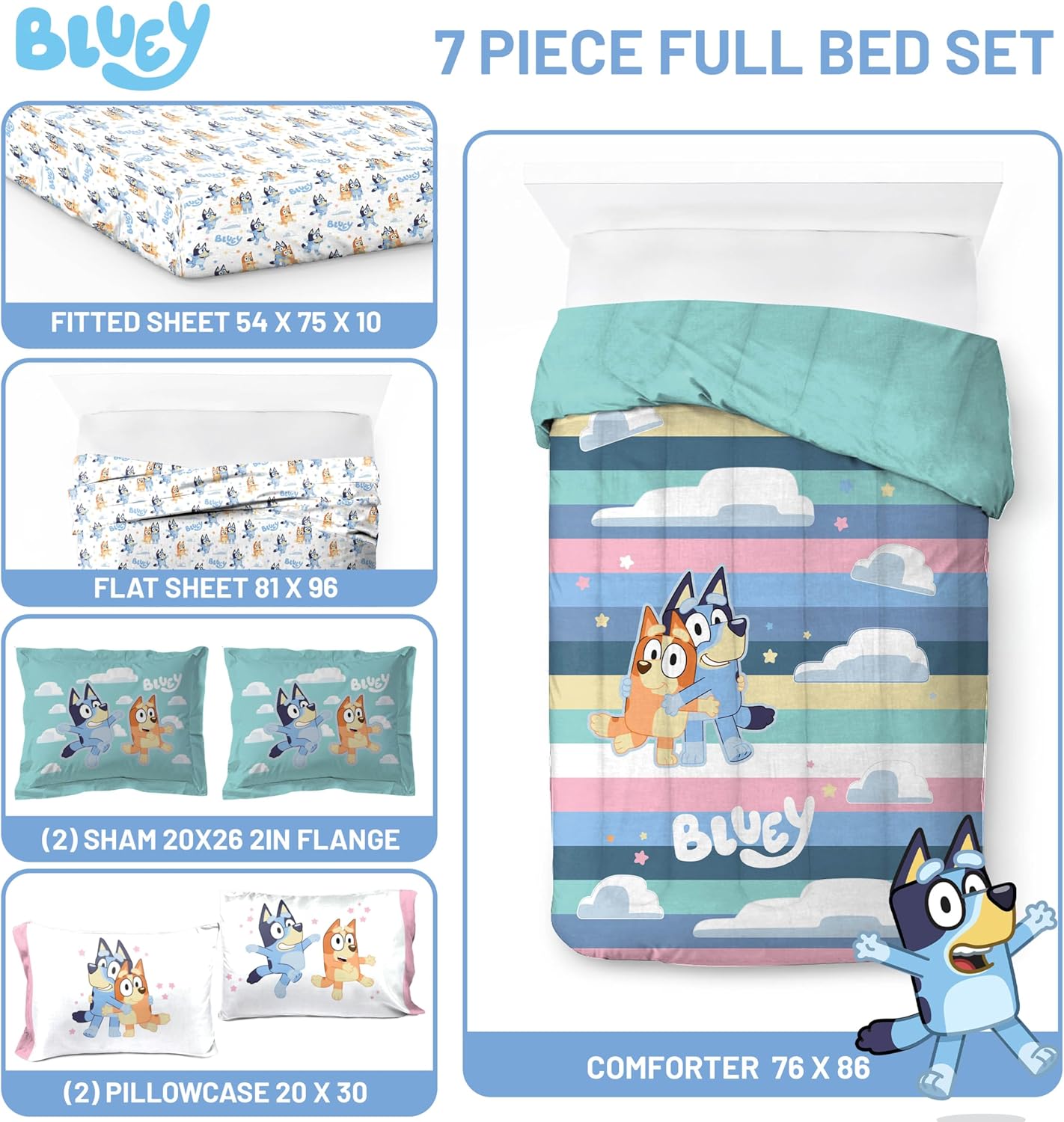 Jay Franco Bluey 7 Piece Comforter Set for Kids