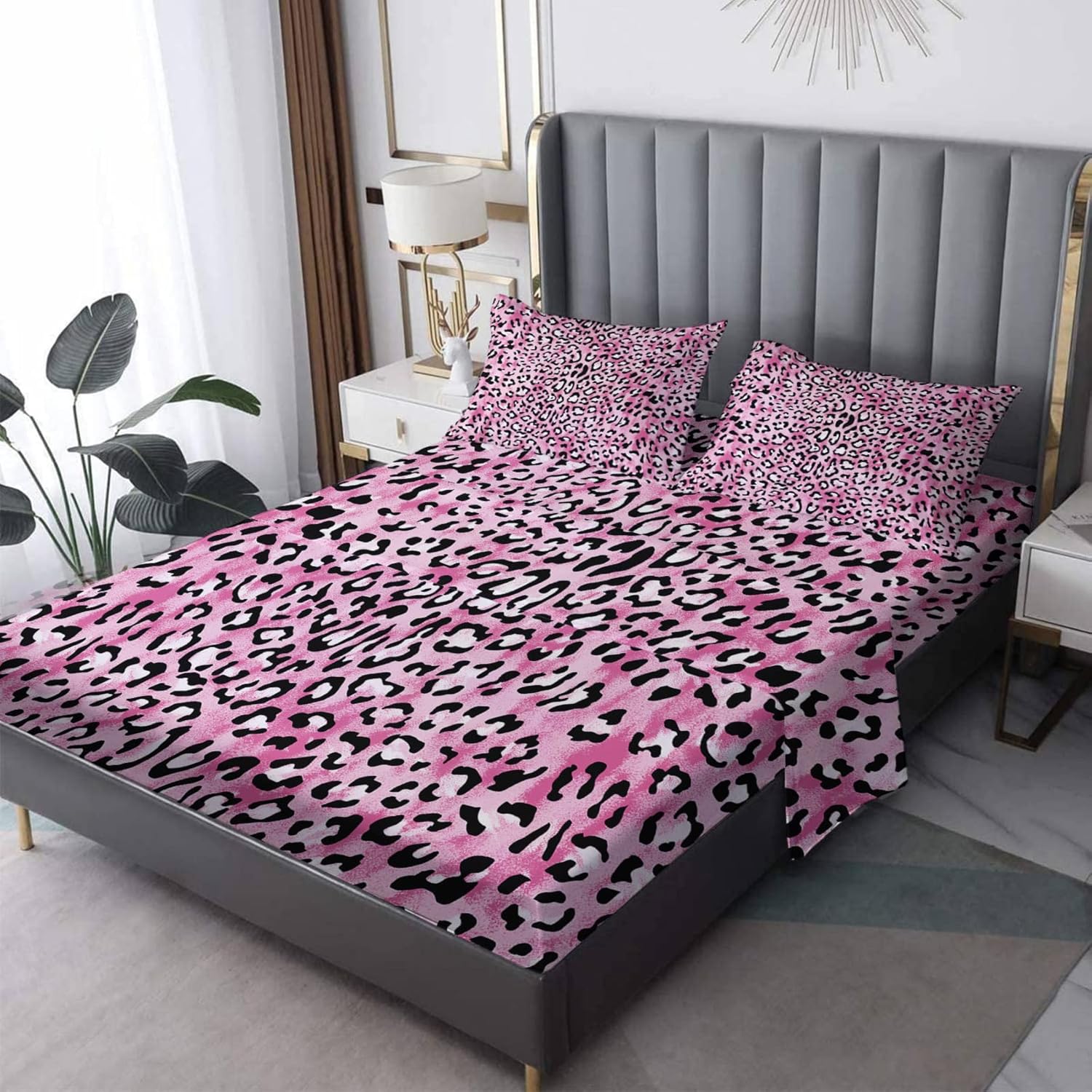 Zcsm Pink Leopard Print Twin XL Sheet Set