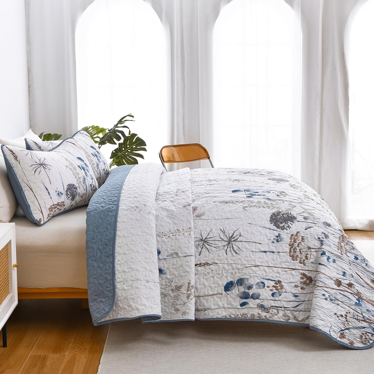 Dobuyly Blue Floral King Quilt Set 3pcs