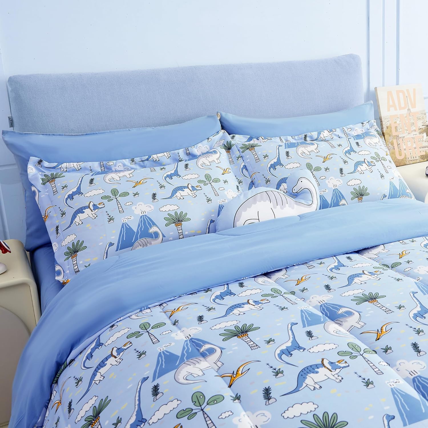 Mooreeke Kids Twin Comforter Set Dinosaur Blue 6PCS