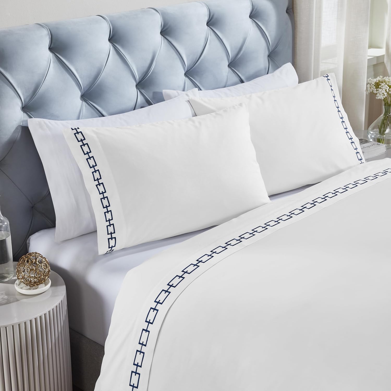 Superior Embroidered Cotton Sheet Set California King WhiteNavy Blue