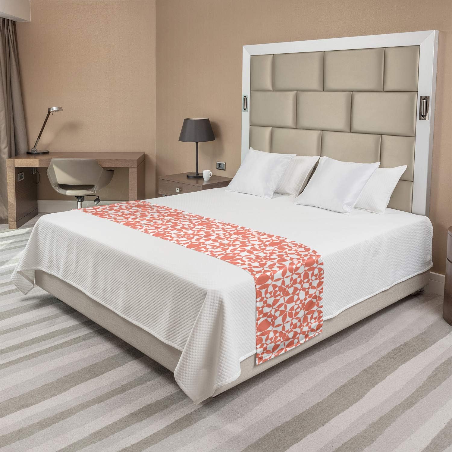 Ambesonne Abstract Bed Runner Queen Size Salmon and White