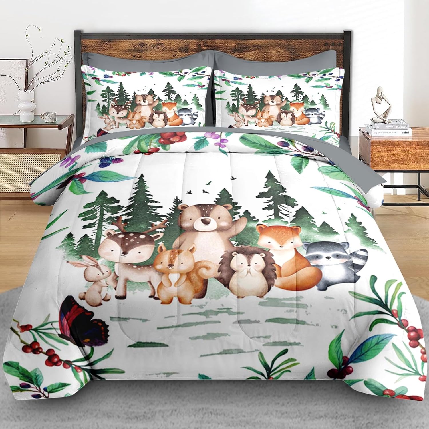 Pamnest Queen Comforter Set with 7 Pcs Woodland Animal Design