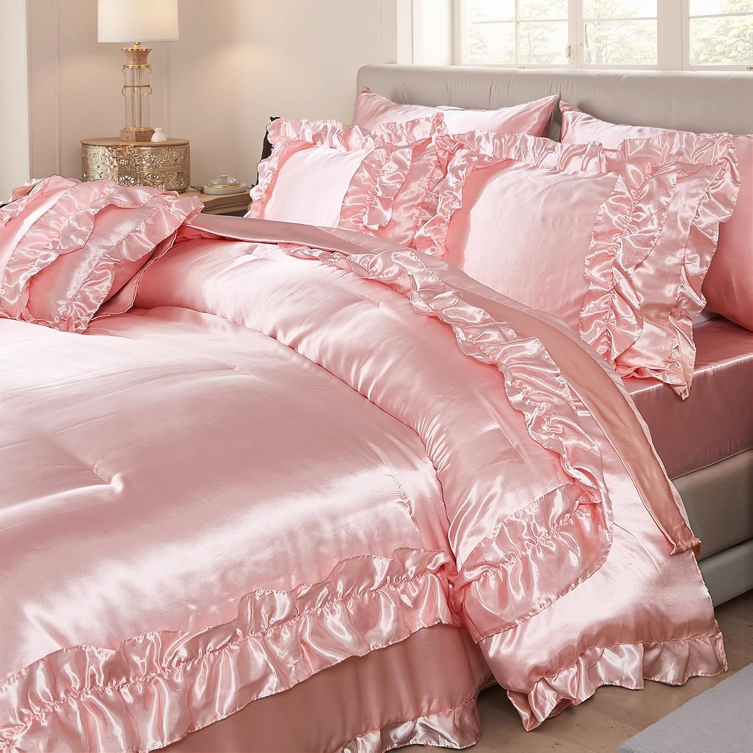 MOVE OVER Satin Comforter Set King Size 8 Pieces Pink
