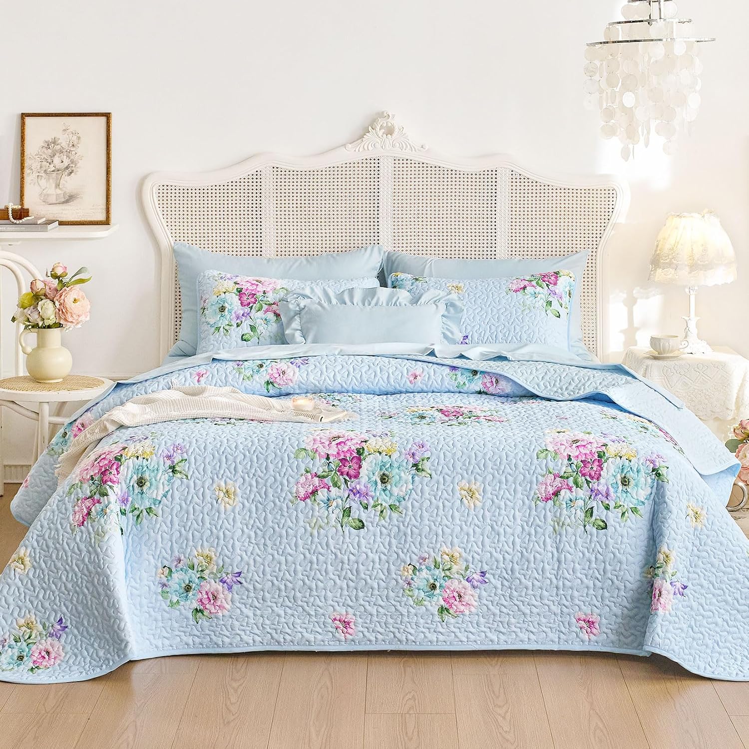 Wake In Cloud Shabby Chic Quilt Set Floral Pattern 3 Pieces QueenFull