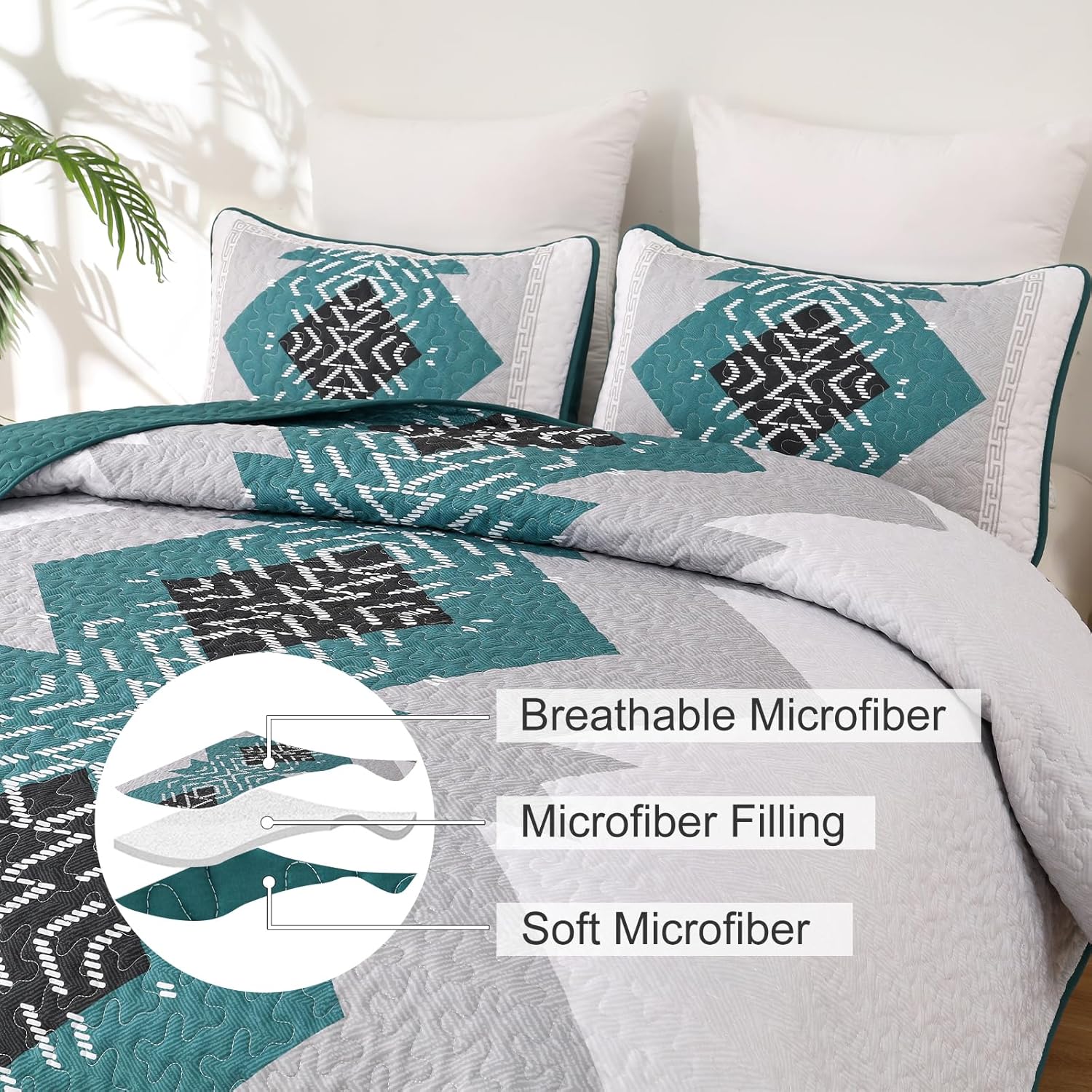 Dintszyayue Teal Boho Quilt Set 3 Pieces King Size