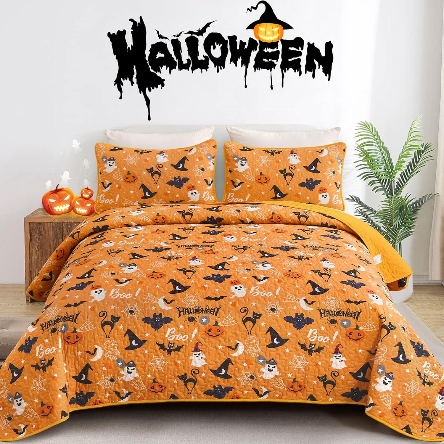 Luxudecor Halloween Queen Quilt Set with Pumpkin and Ghost Design