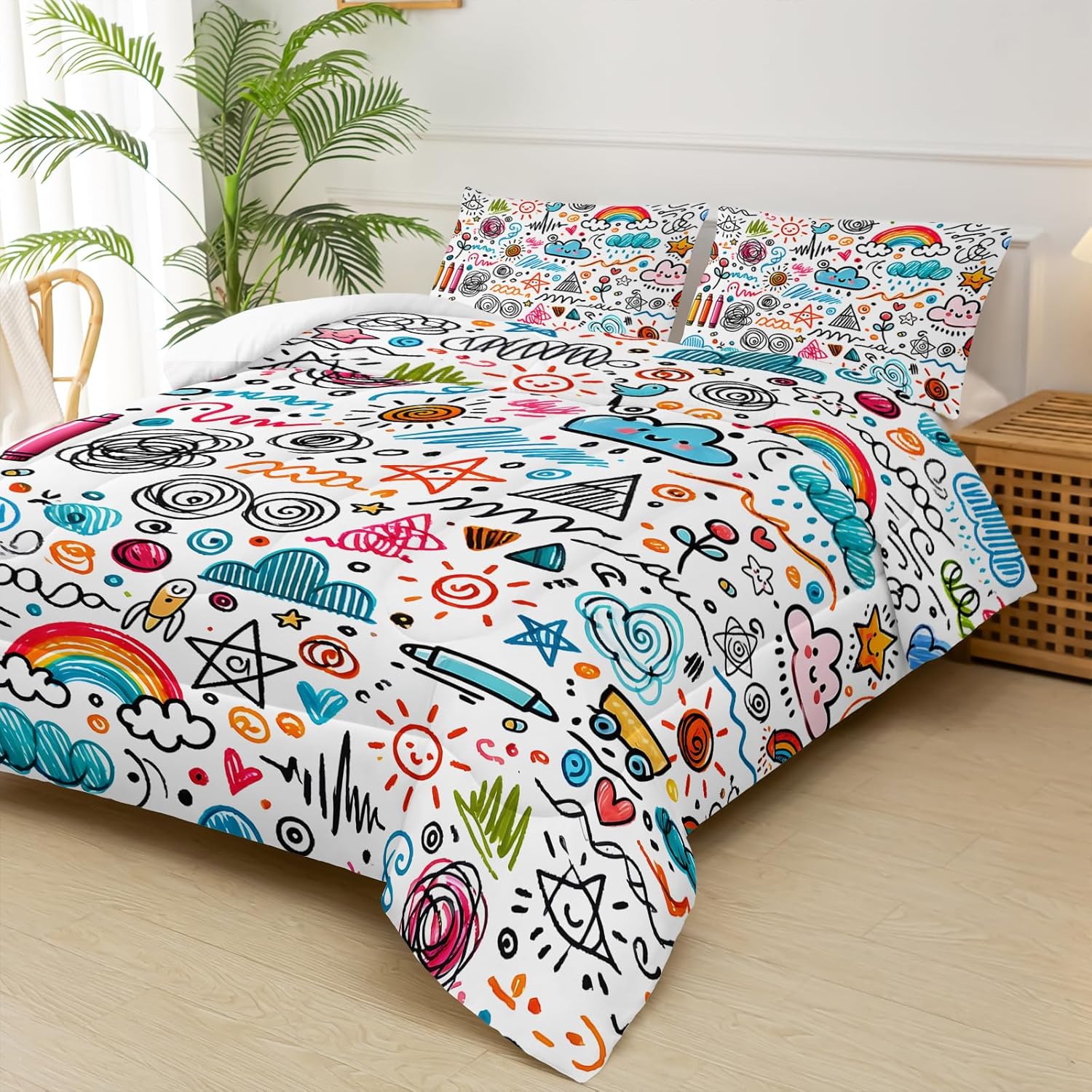Kids Rainbow Comforter Set with Cartoon Design