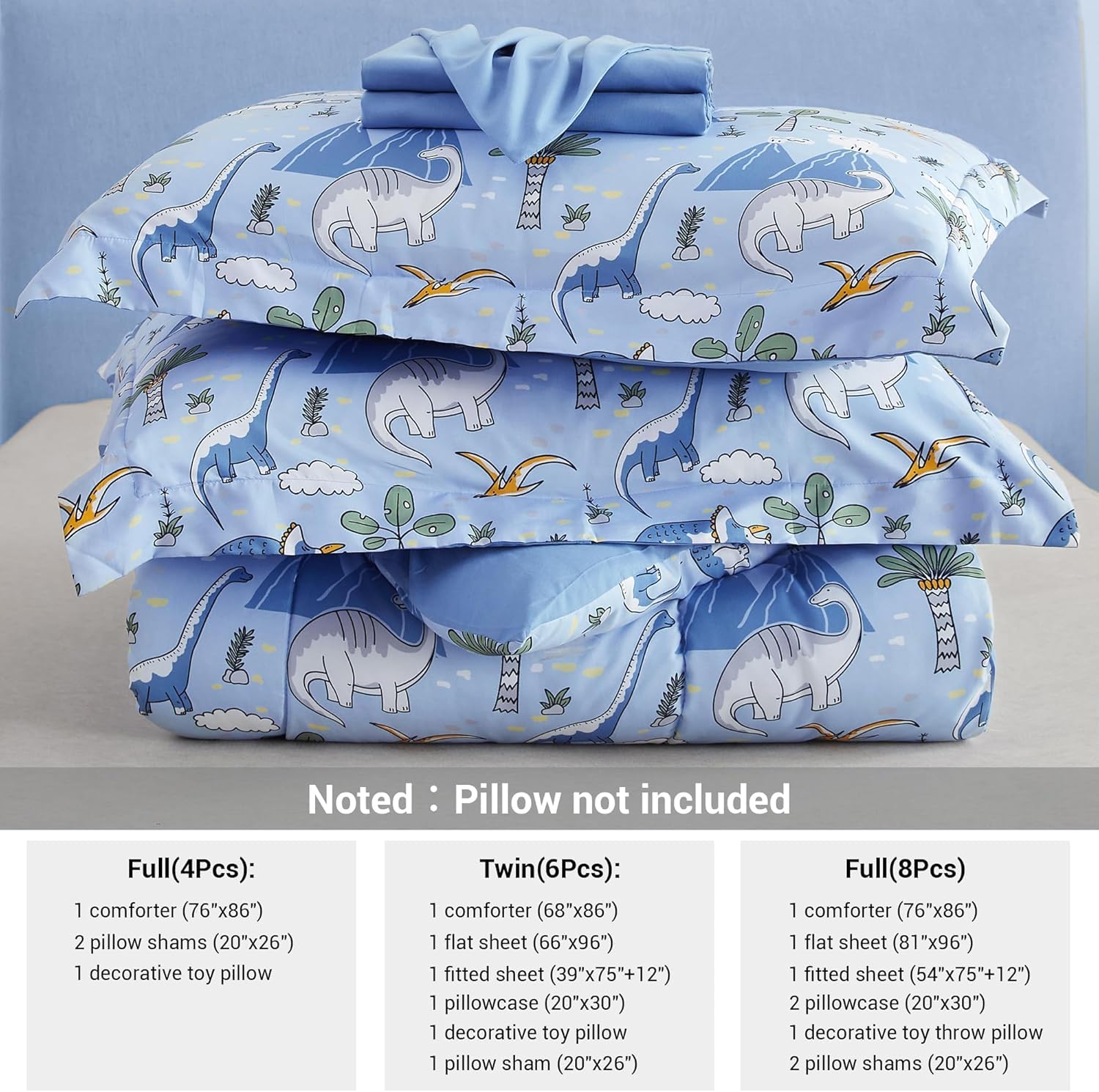 Mooreeke Kids Twin Comforter Set Dinosaur Blue 6PCS