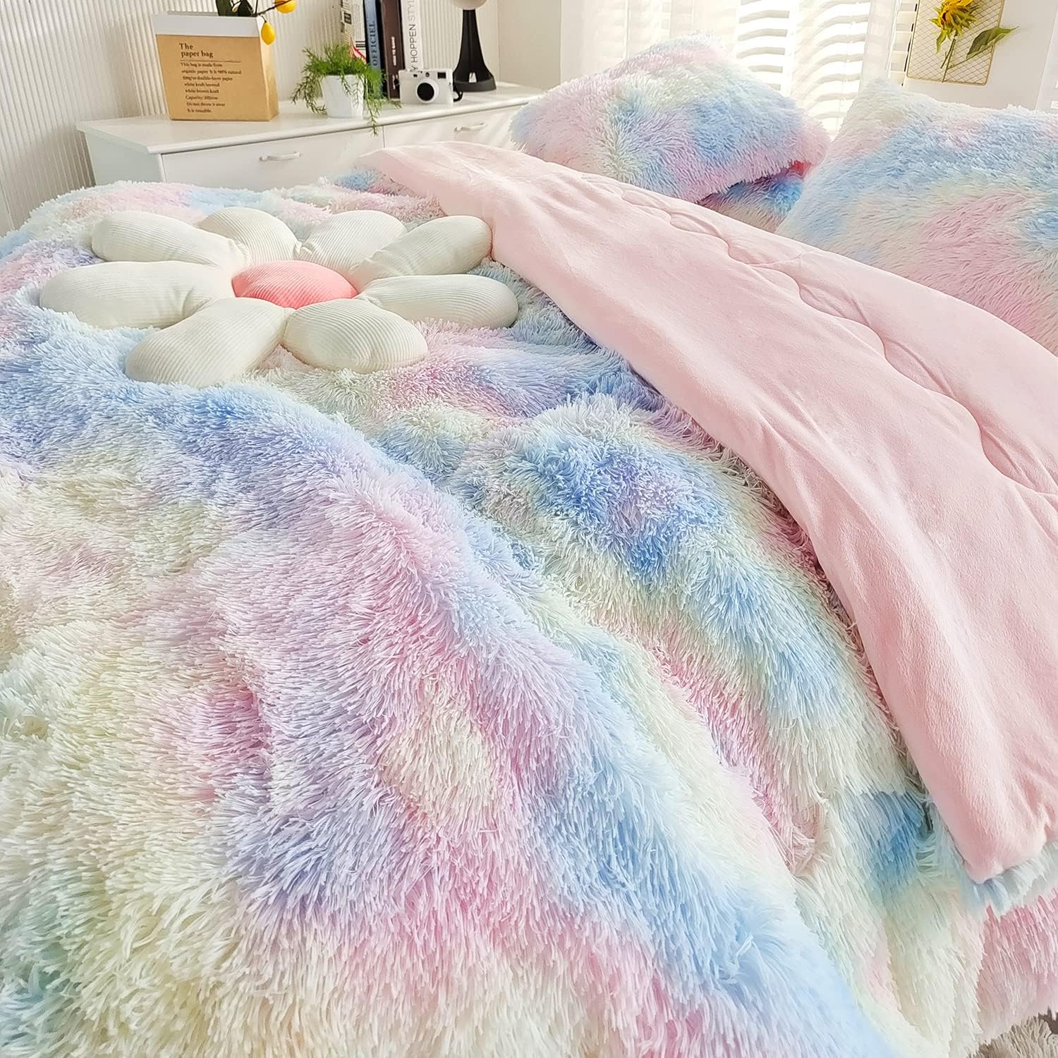 Chovy Kids Girls Faux Fur Rainbow Comforter Set TwinFull 3PC