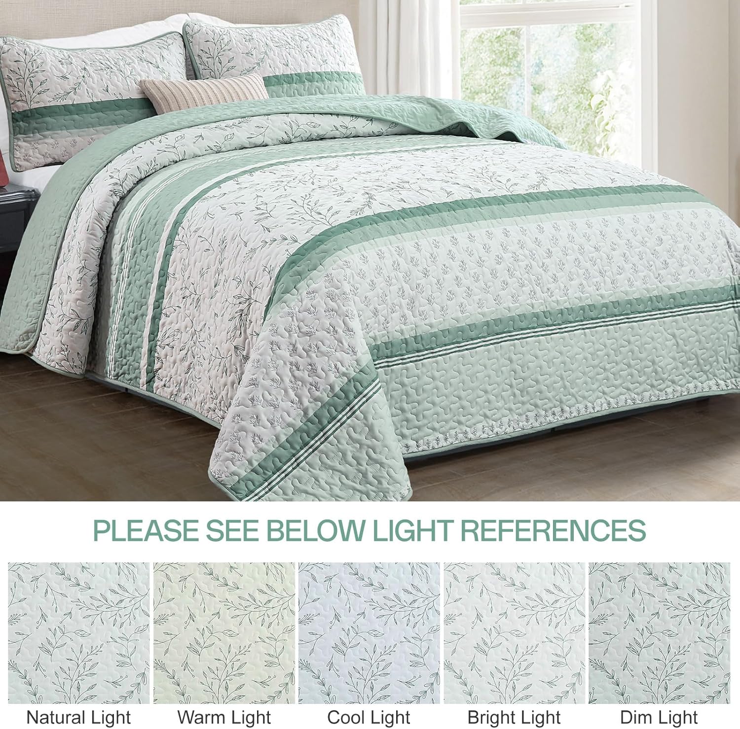 DJY Green Striped King Size Quilt Set with 2 Pillowcases