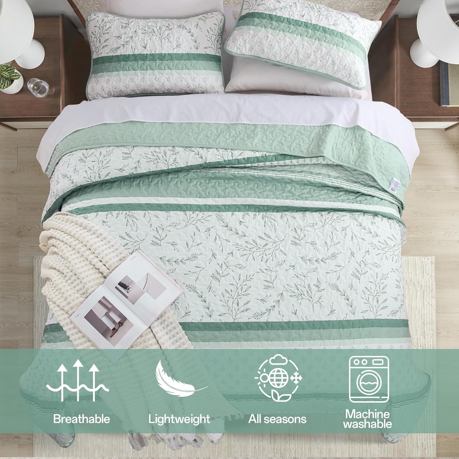 DJY Green Striped King Size Quilt Set with 2 Pillowcases