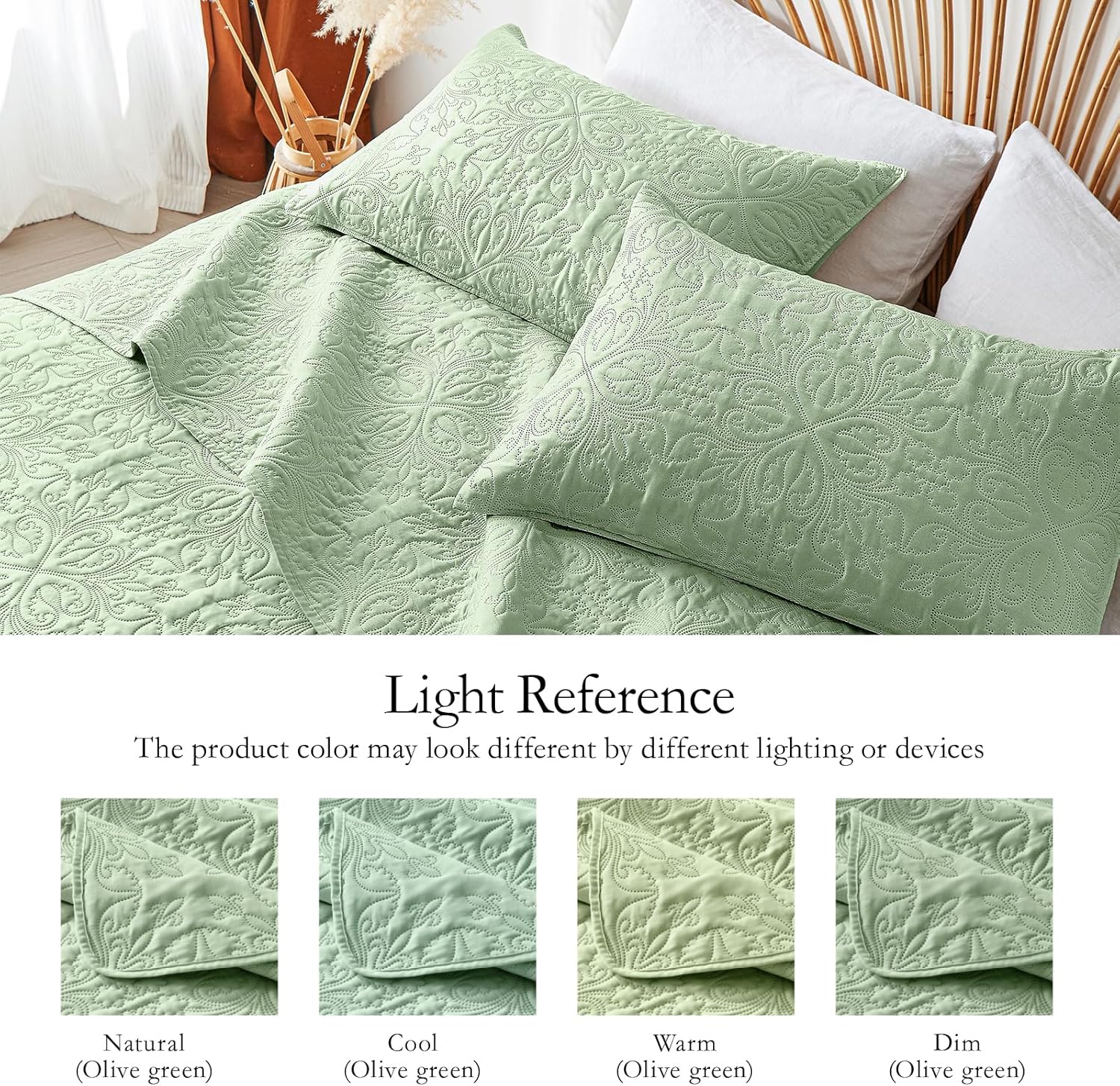 Akkialla Full Queen Quilt Bedding Set Light Green Microfiber Floral Pattern