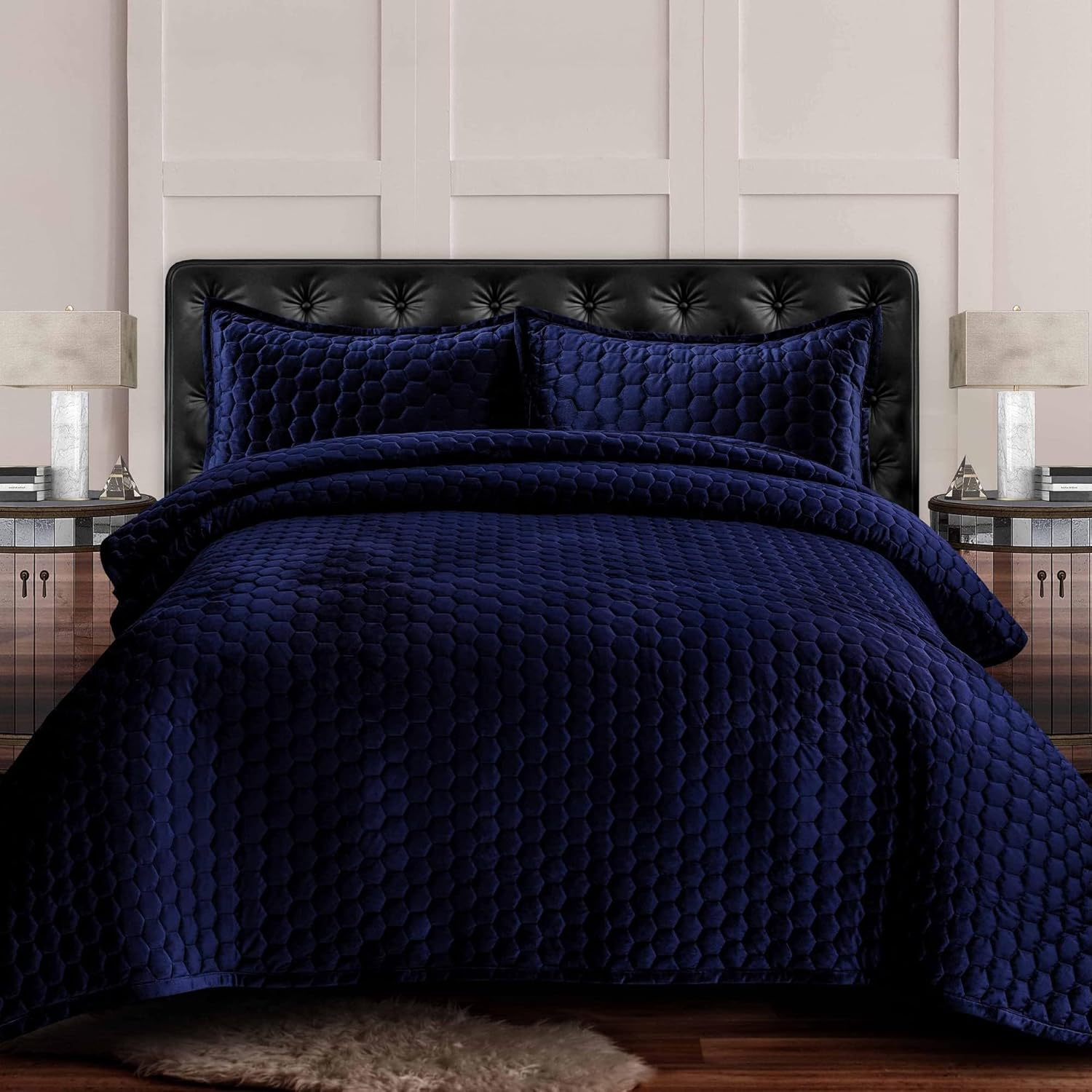 Tribeca Living Velvet Queen Quilt Set Navy Blue