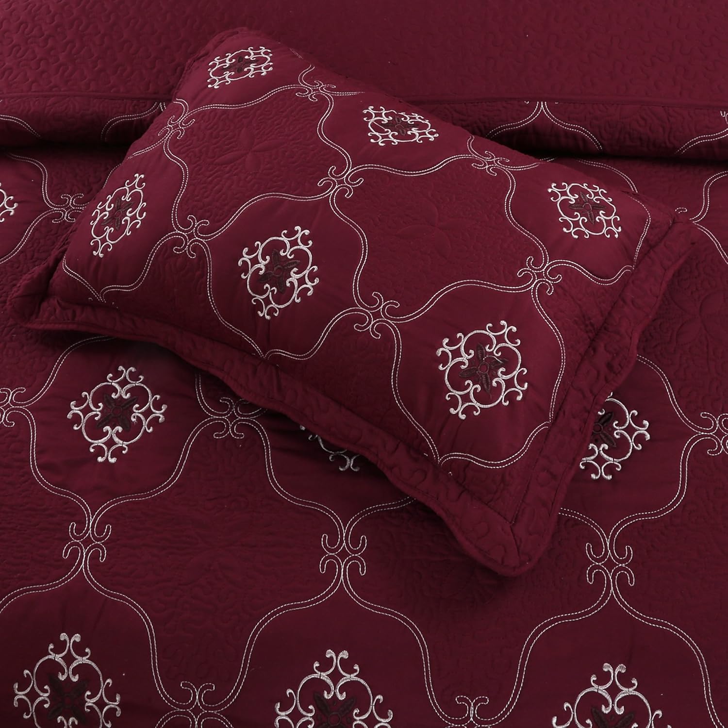 MarCielo 3-Piece Embroidery Quilt Set - Burgundy California King