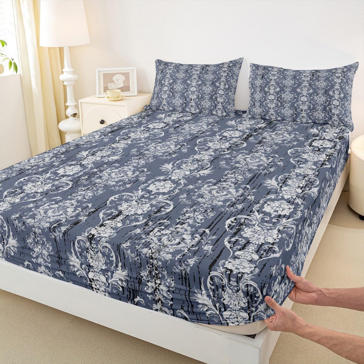Erosebridal Damask Blue Gothic Floral Bed Sheet Set Twin