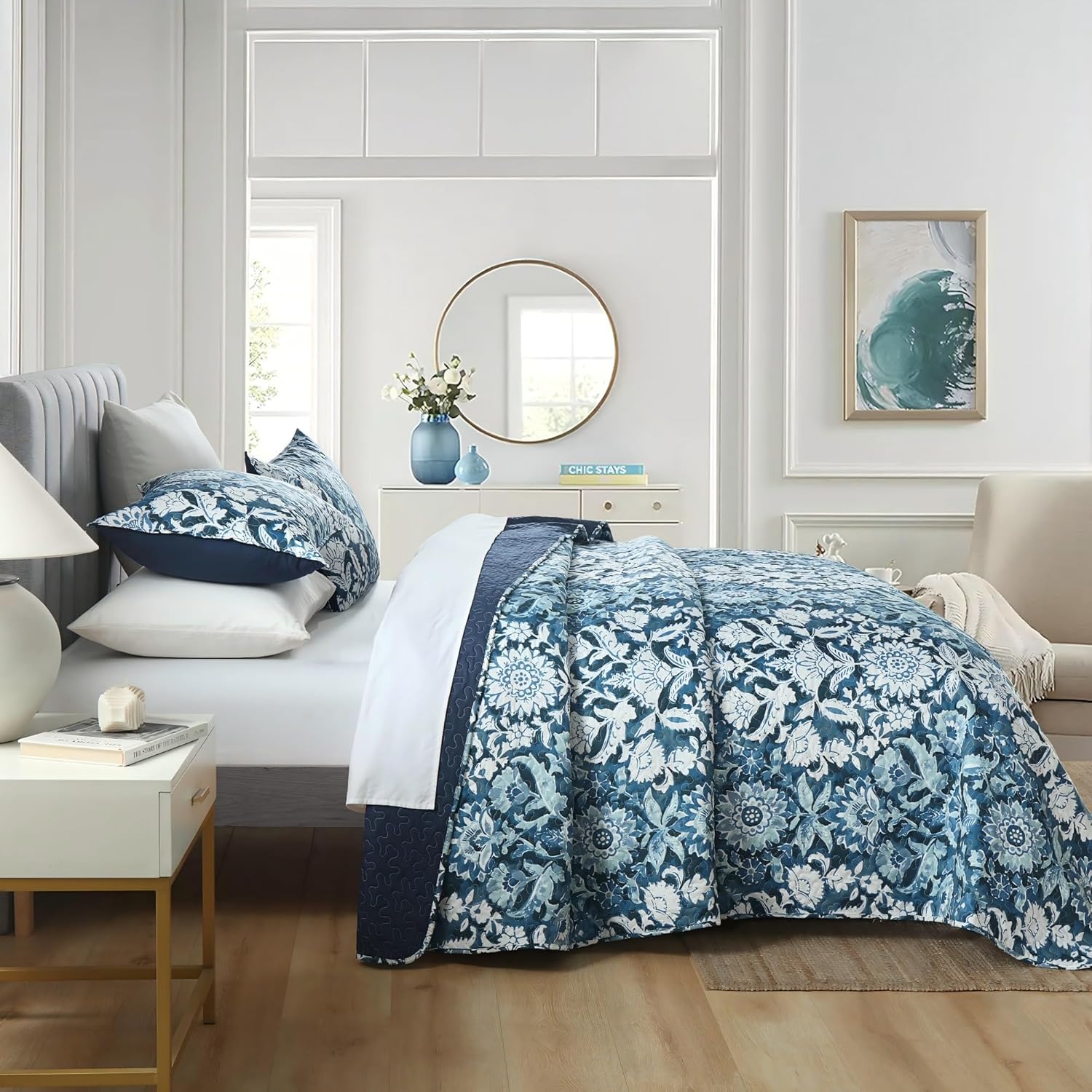 Boryard King Quilt Set Navy Blue Paisley Sunflower Print