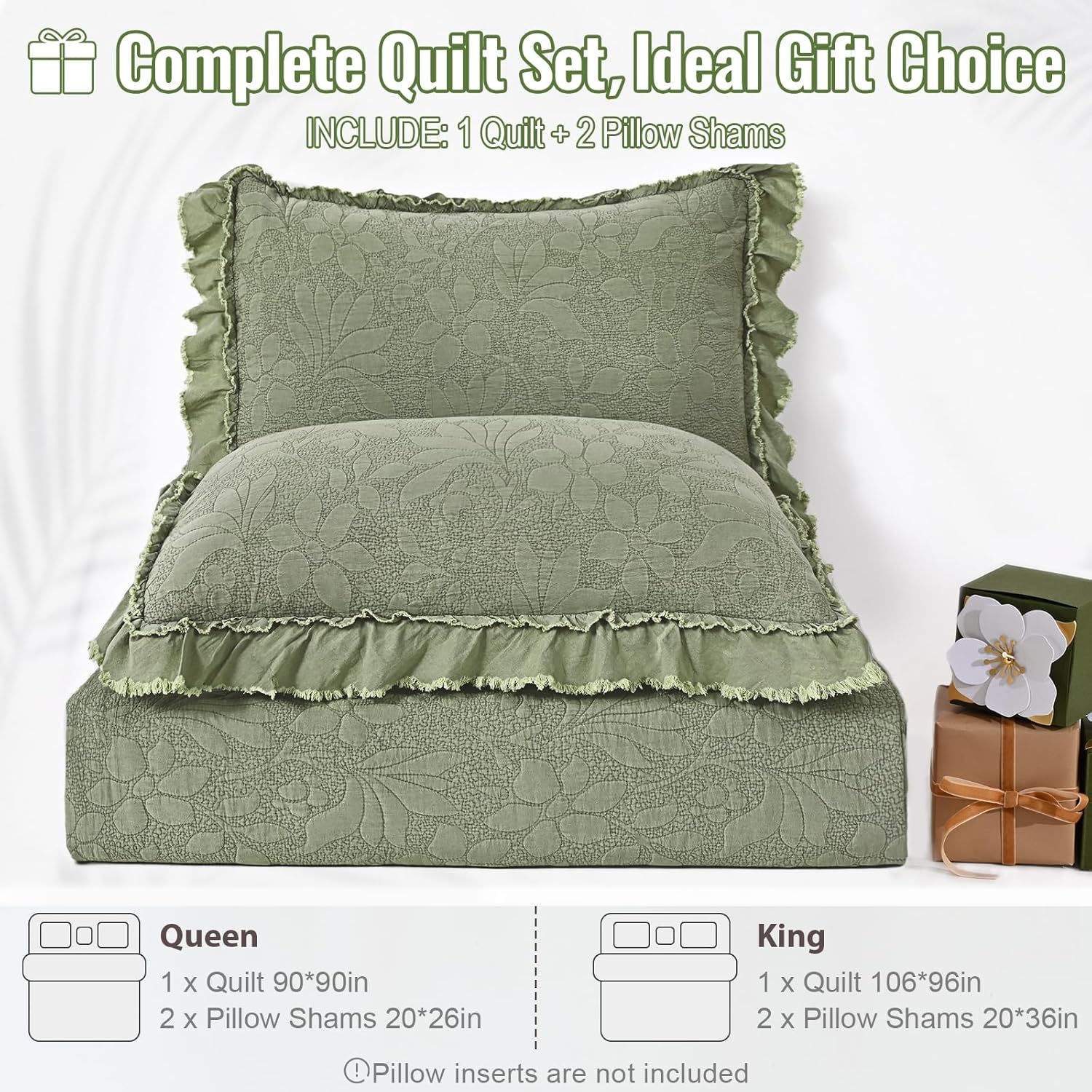 Uspring Green Ruffled Floral Quilt Set King Size 3 Piece