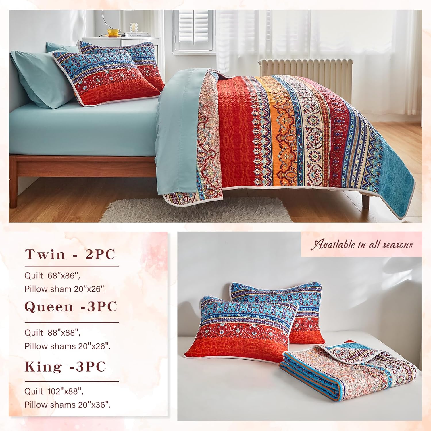 Tititada Twin Quilt Set 2 Pieces Reversible Striped Blue and Red Microfiber