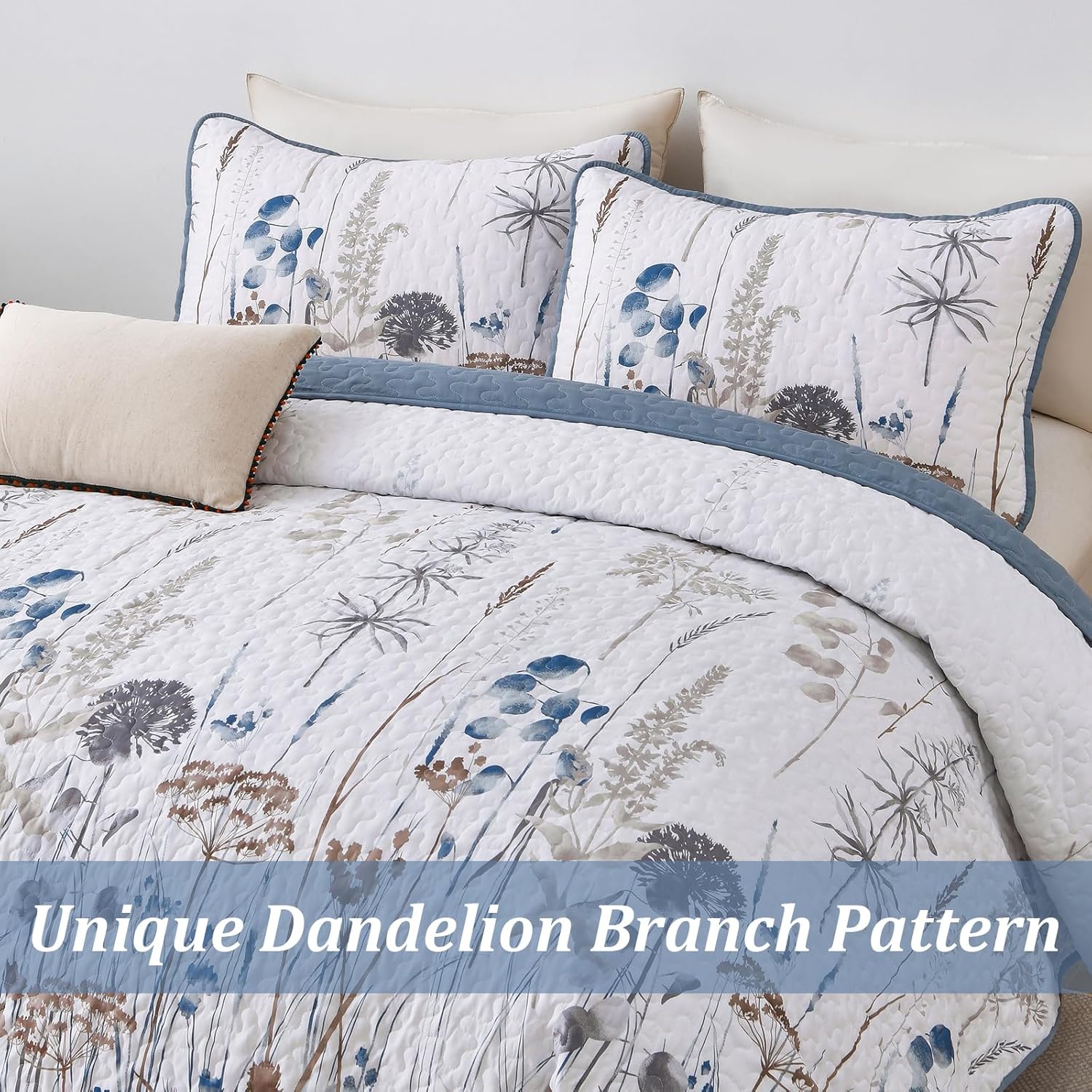 Dobuyly Blue Floral King Quilt Set 3pcs