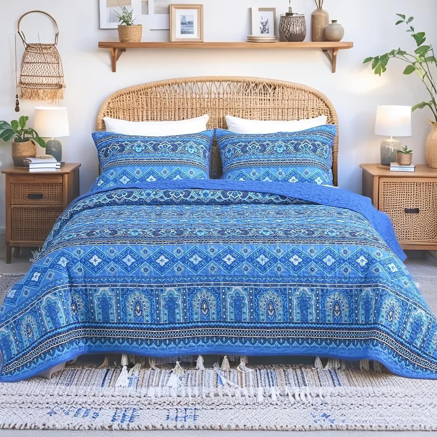 Heymybed Boho Quilt Set Queen Size 3Pc Reversible Blue