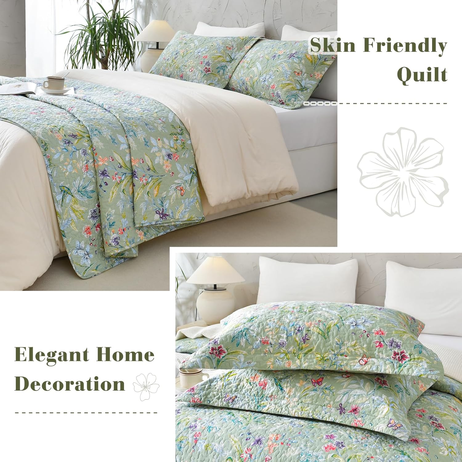 QSH Cotton Floral Queen Bedspread Set 3Pcs Green Summer