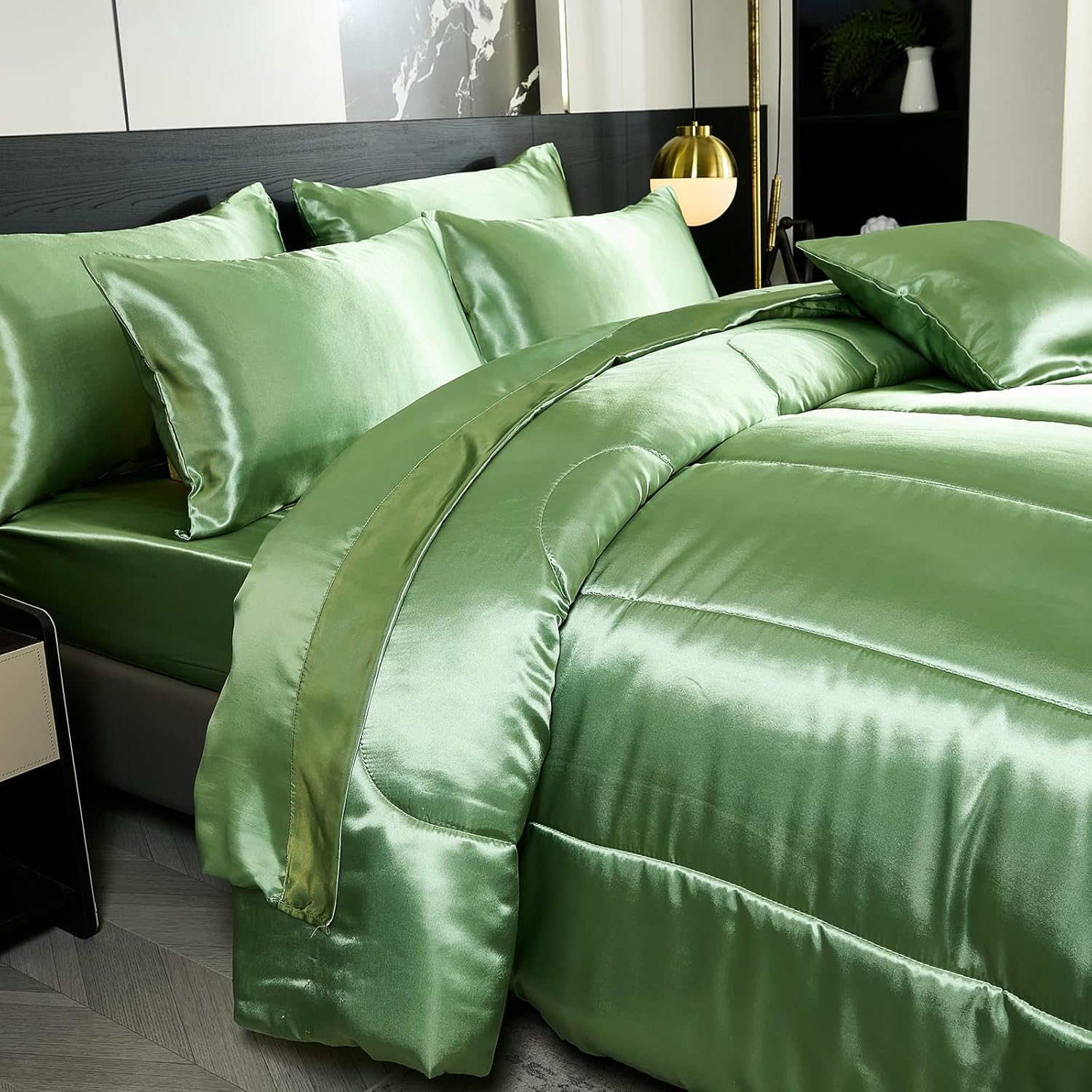 Green Queen Comforter Set with 8 pcs Satin Bedding