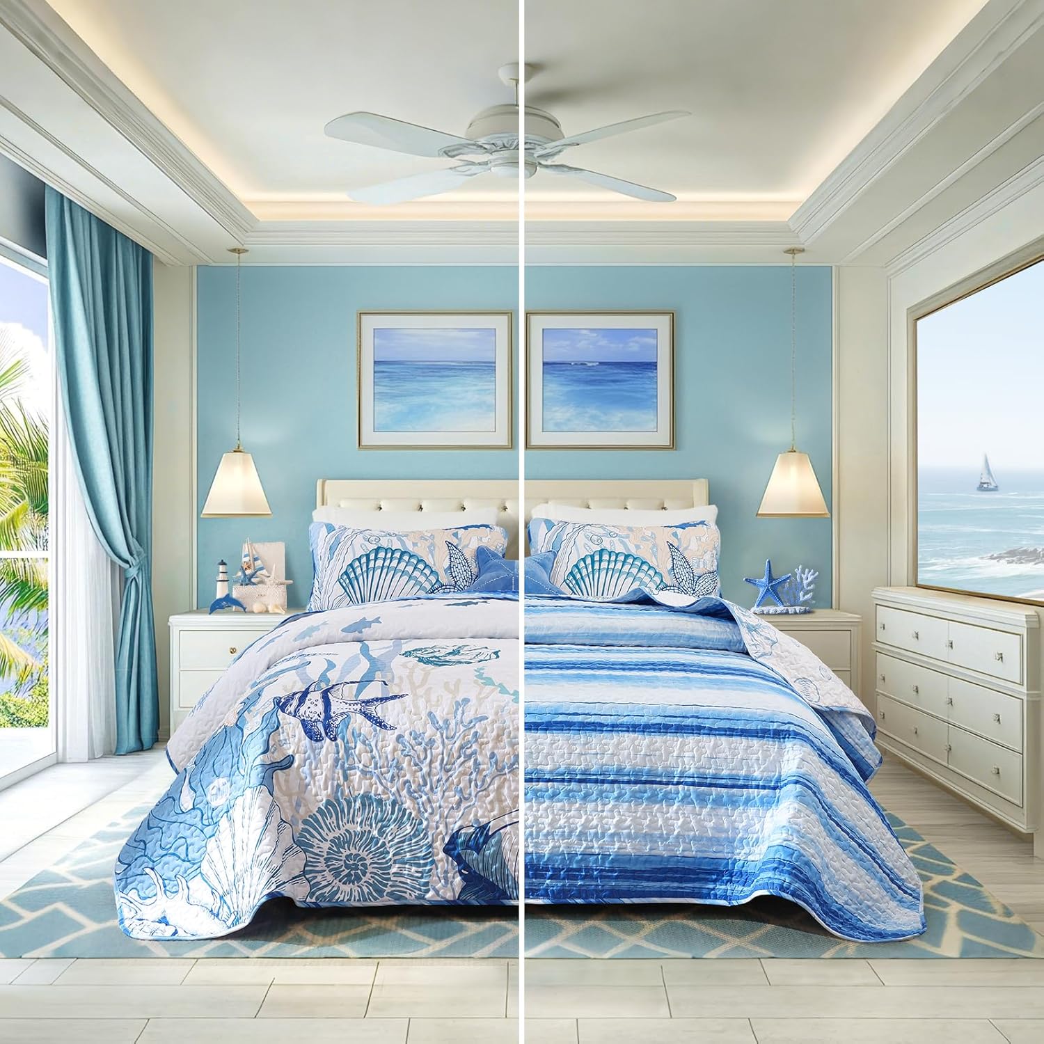 Coastal Quilt Set 3 Piece Queen Size Blue