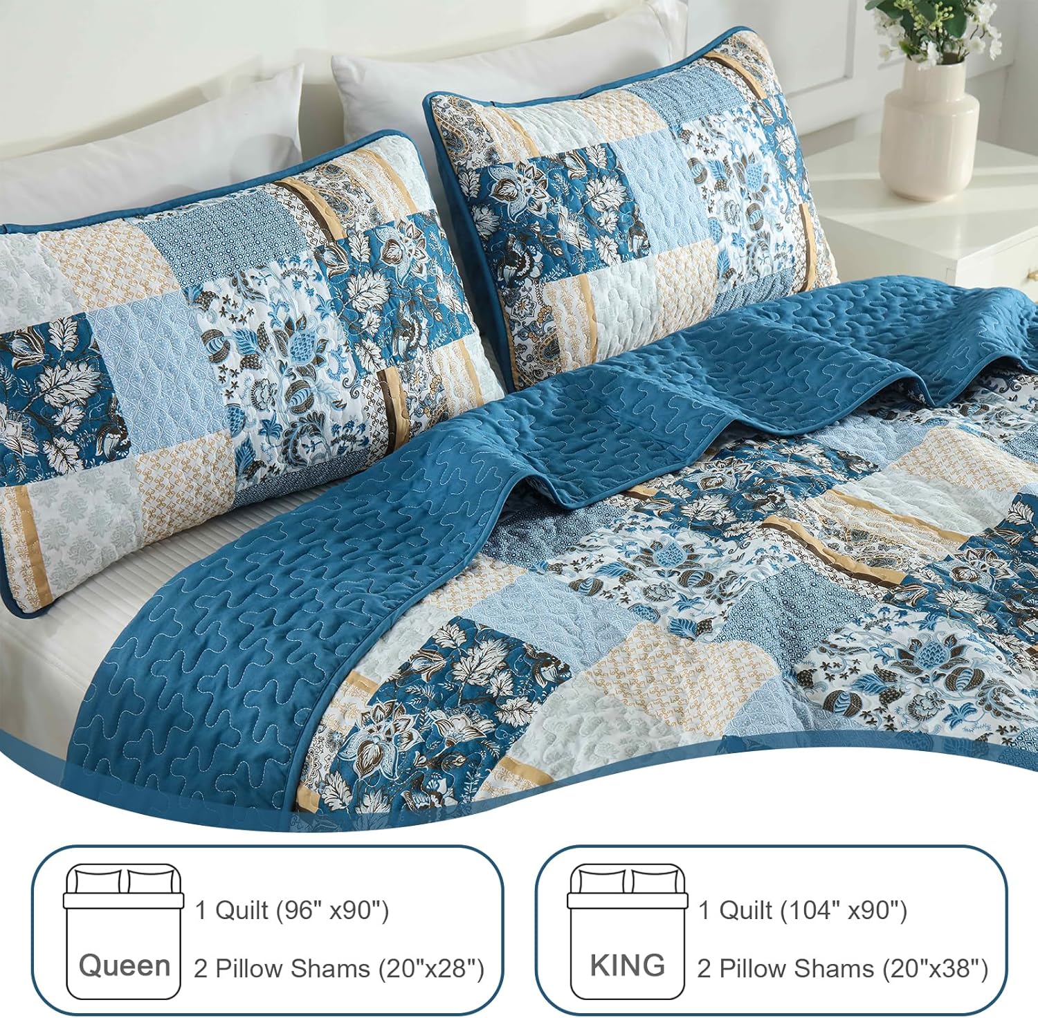 WONGS BEDDING Blue Plaid Patchwork Quilt Set Queen 3 Pieces