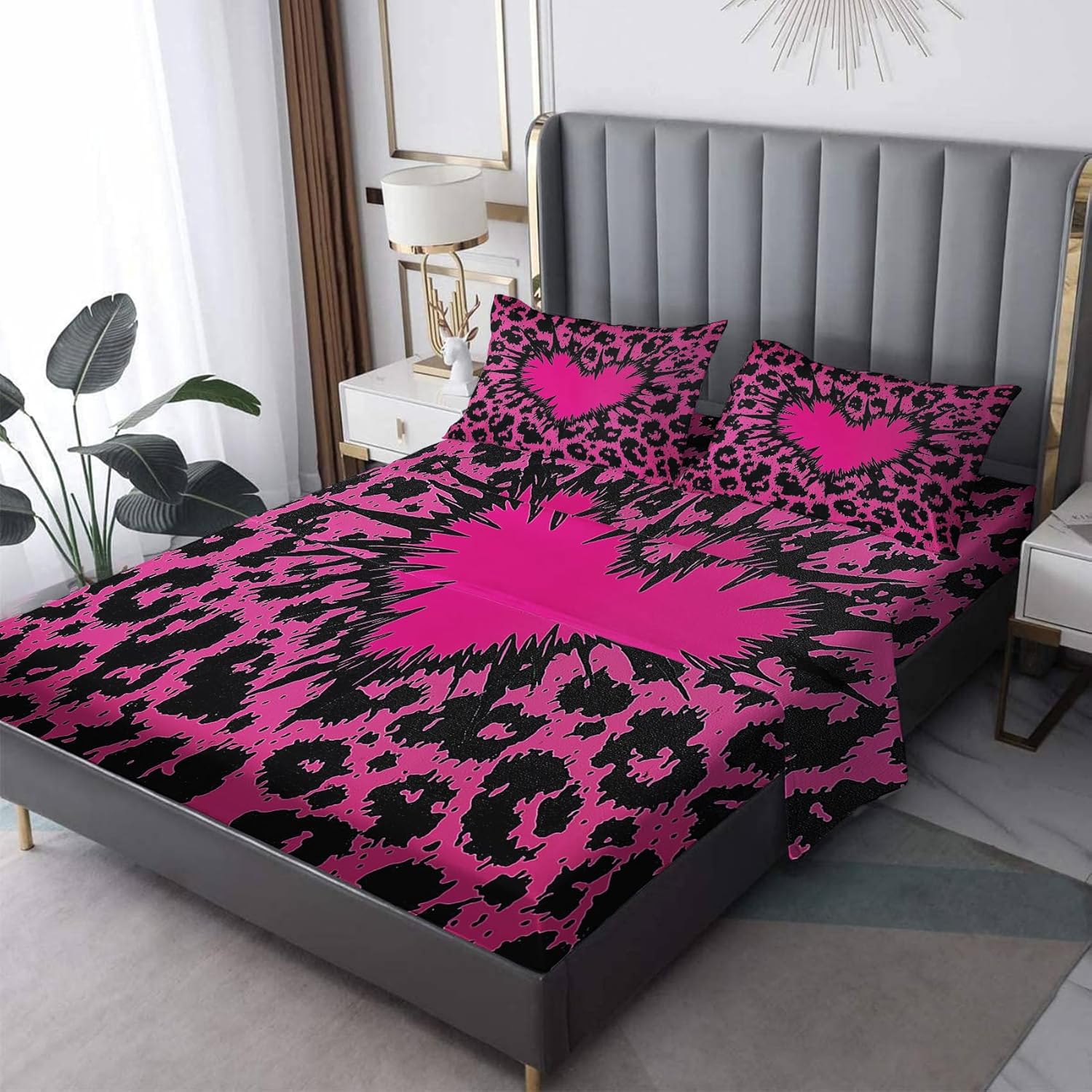 Heart Sheets California King Hot Pink Leopard Print 4-Piece Set