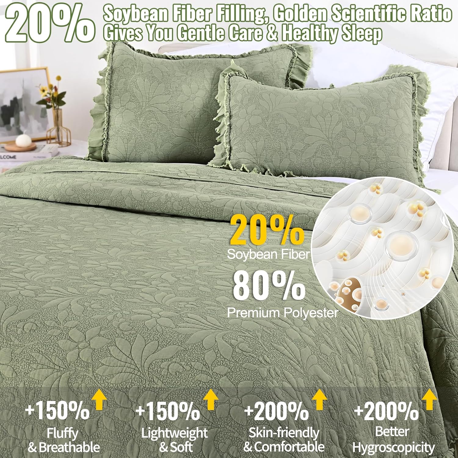 Uspring Green Ruffled Floral Quilt Set King Size 3 Piece