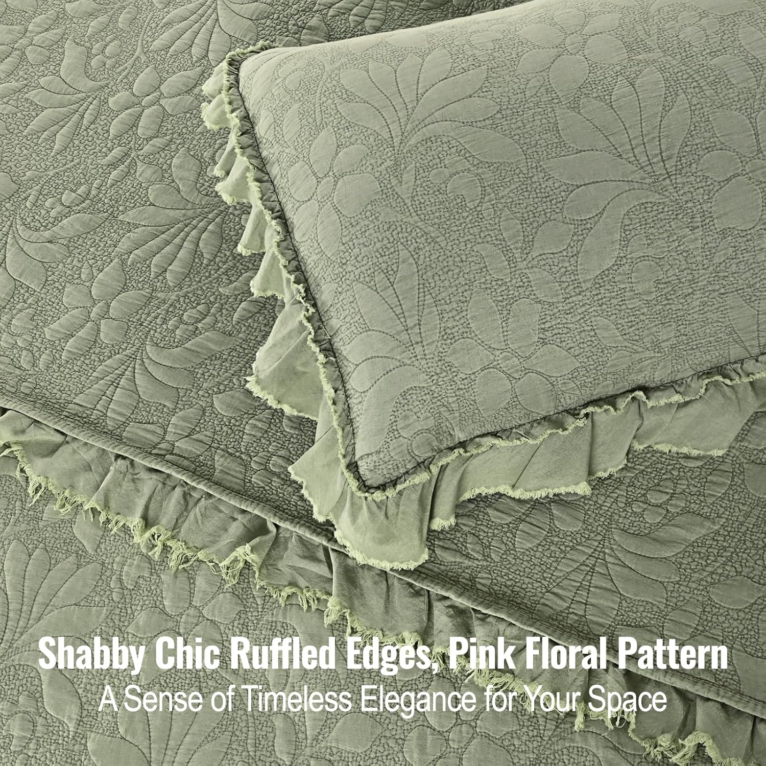 Uspring Green Ruffled Floral Quilt Set King Size 3 Piece