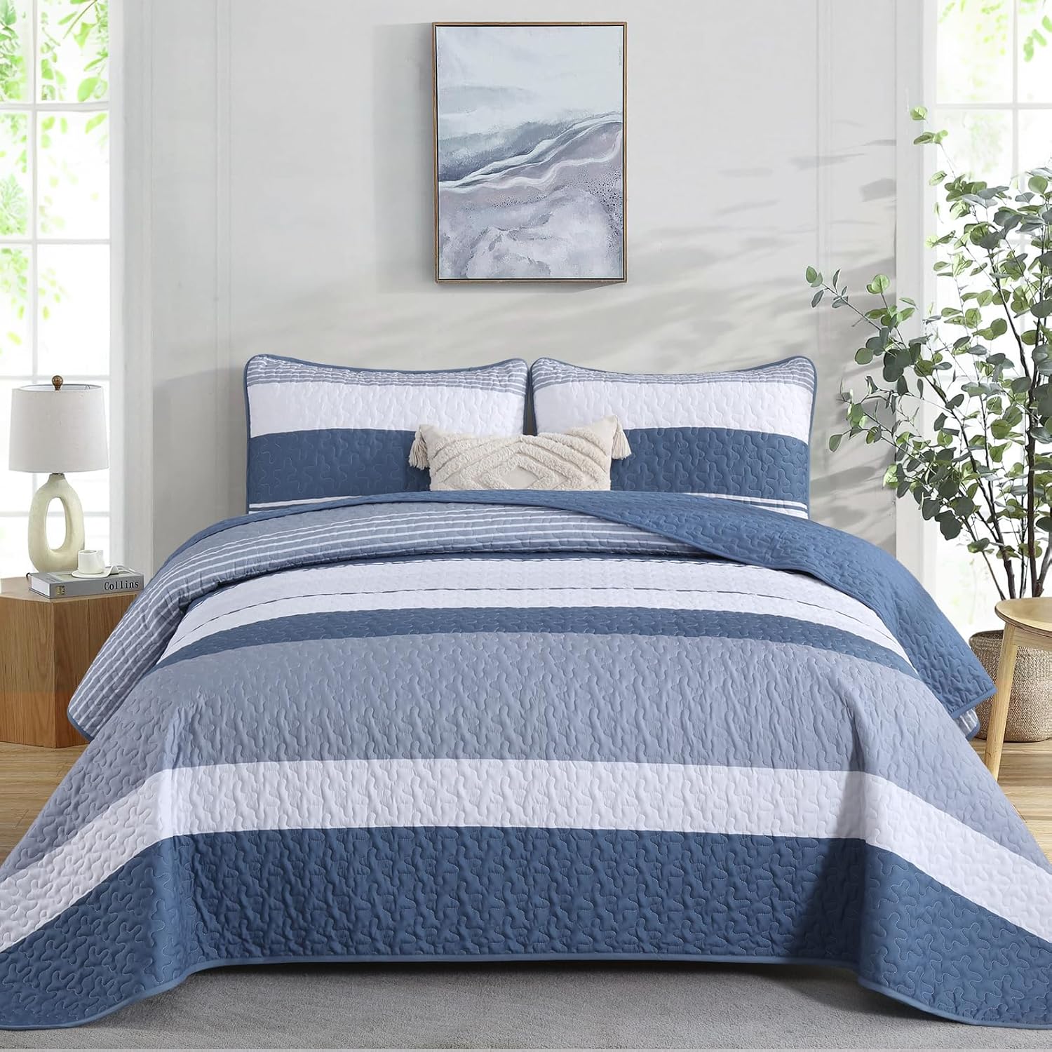 Dinjoy Boho Queen Quilt Set 3 Piece Mineral Blue Striped Bedspread