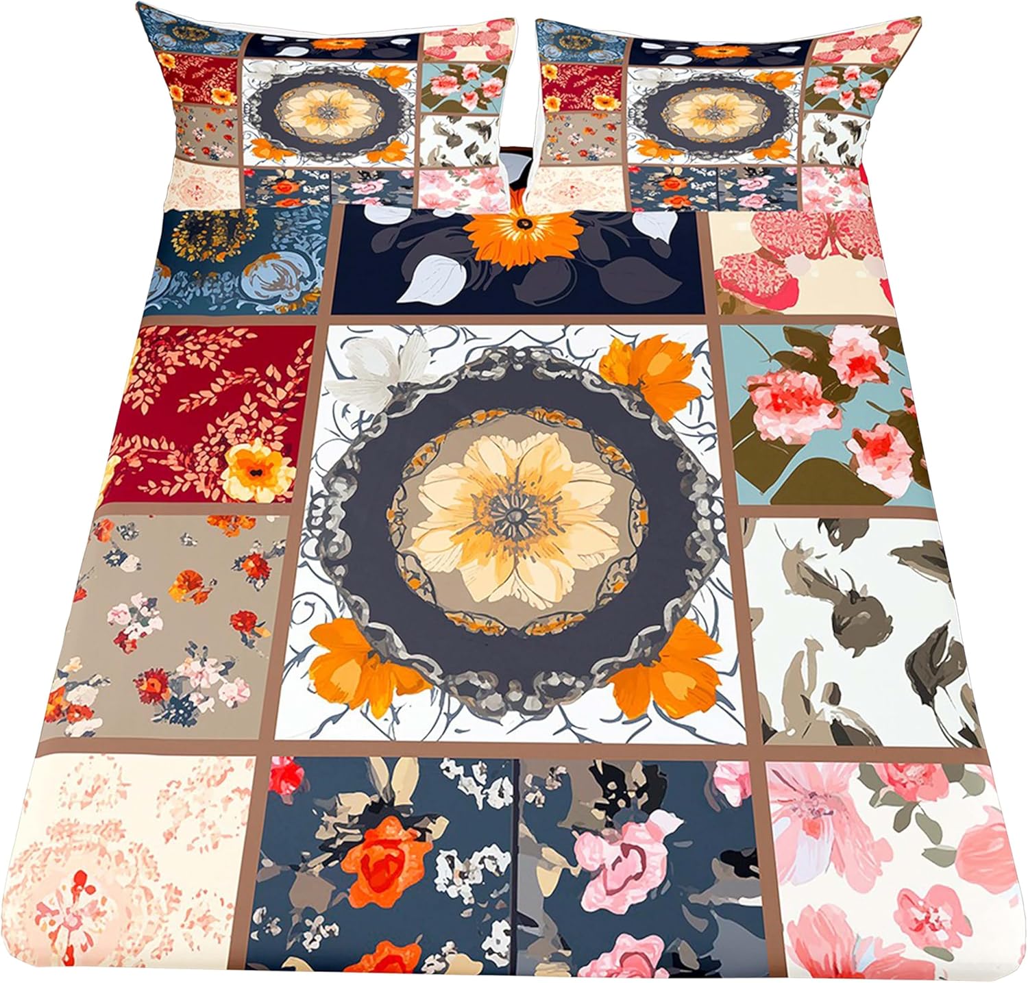 Boho Floral Patchwork Queen Bed Sheet Set