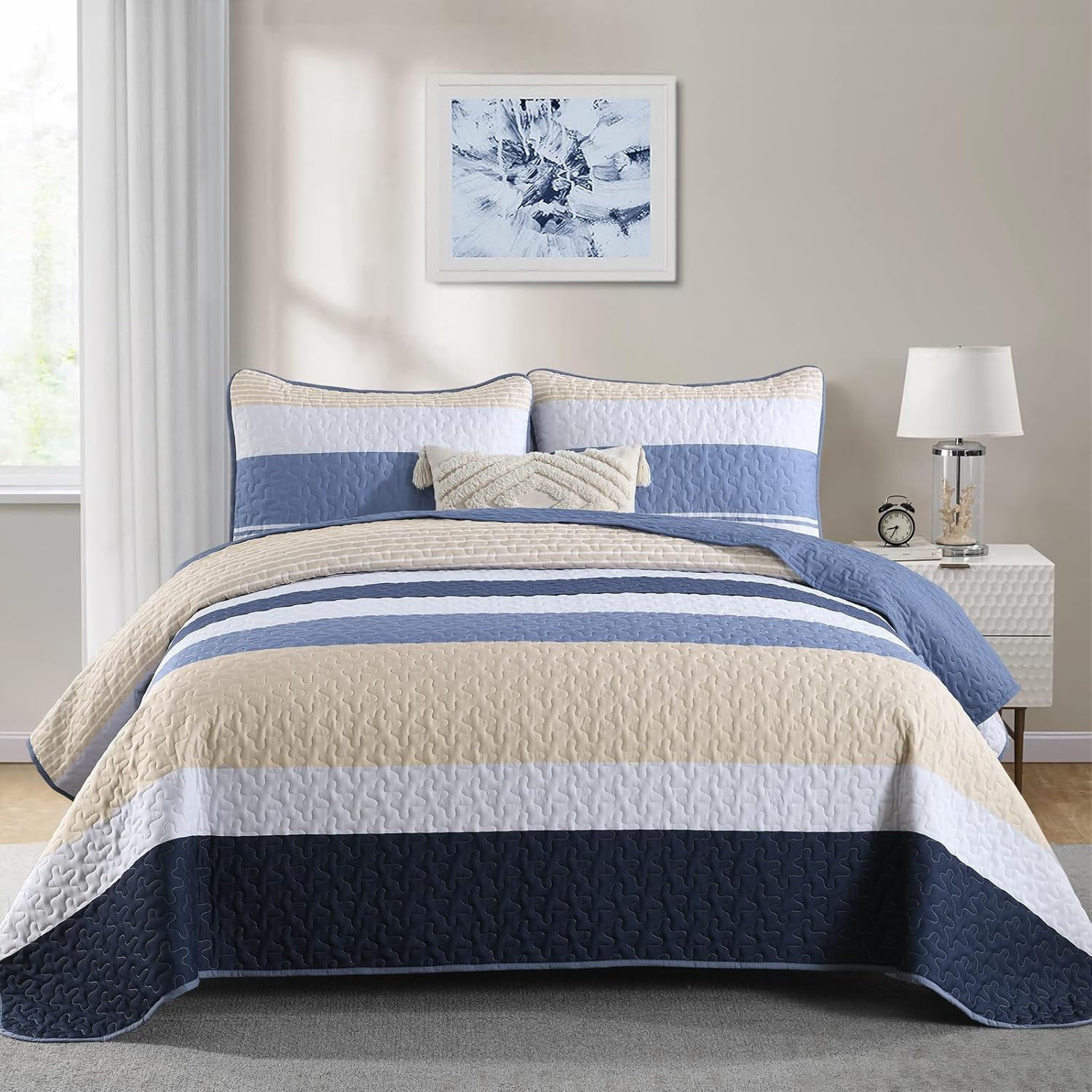 Dinjoy Blue King Quilt Set - Boho Beige Striped Lightweight 3 Piece Bedding